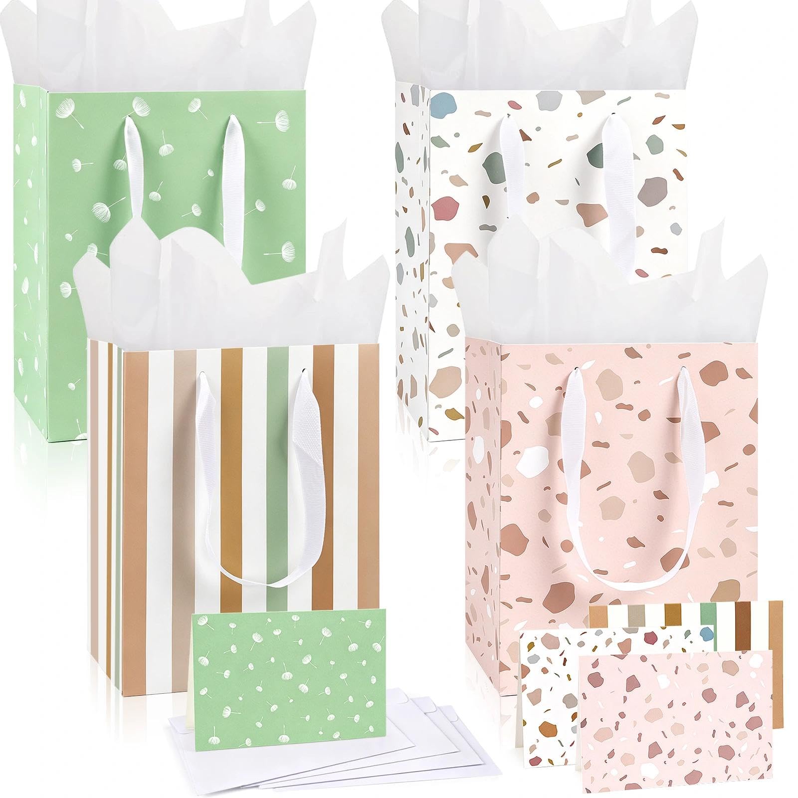 4 Pack Pastel Small Gift Bags with Handles, 18×10×22.5cm Paper Party Favour Bags with Tissue Paper & Cards, for Birthday, Baby Shower, Wedding, Bridal Shower