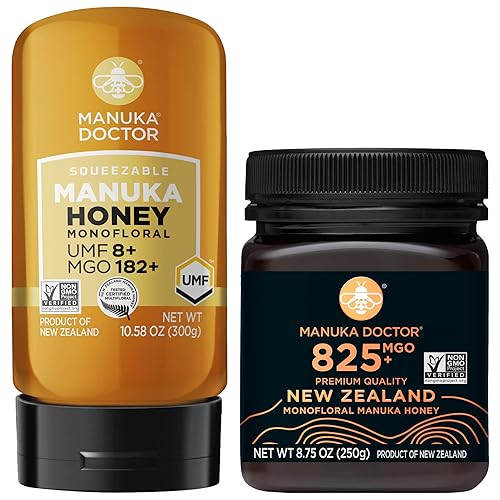 MANUKA DOCTOR - Paquete monofloral de miel de manuka MGO 182+ SQUEEZY y MGO 825+, miel de Nueva Zelanda 100% pura. Certificado. Garantizado. Crudo.