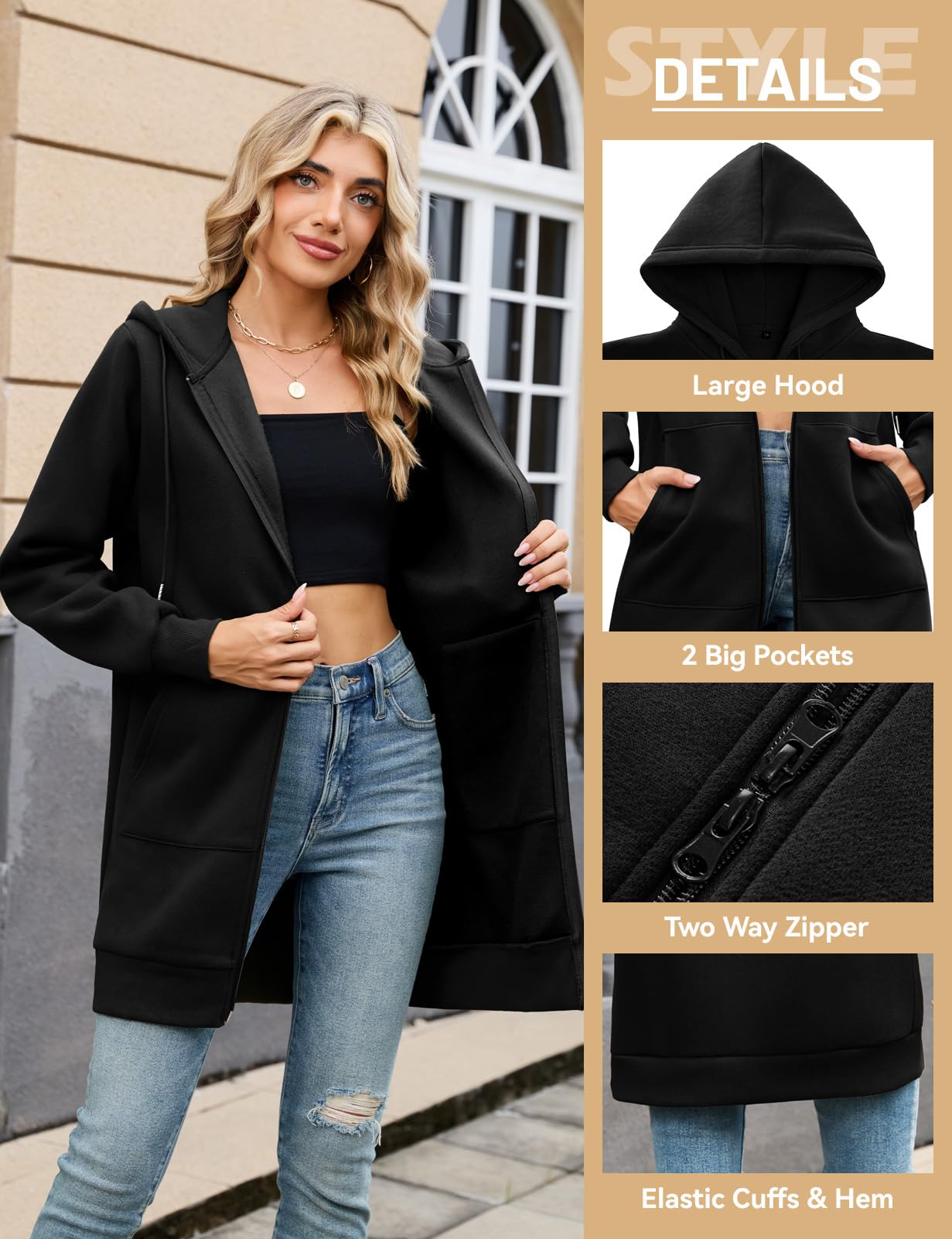 Tuopuda Veste à Capuche Femme Longue Sweat à Capuche Zippée en Polaire Grandes Tailles Hoodies Sweatshirt