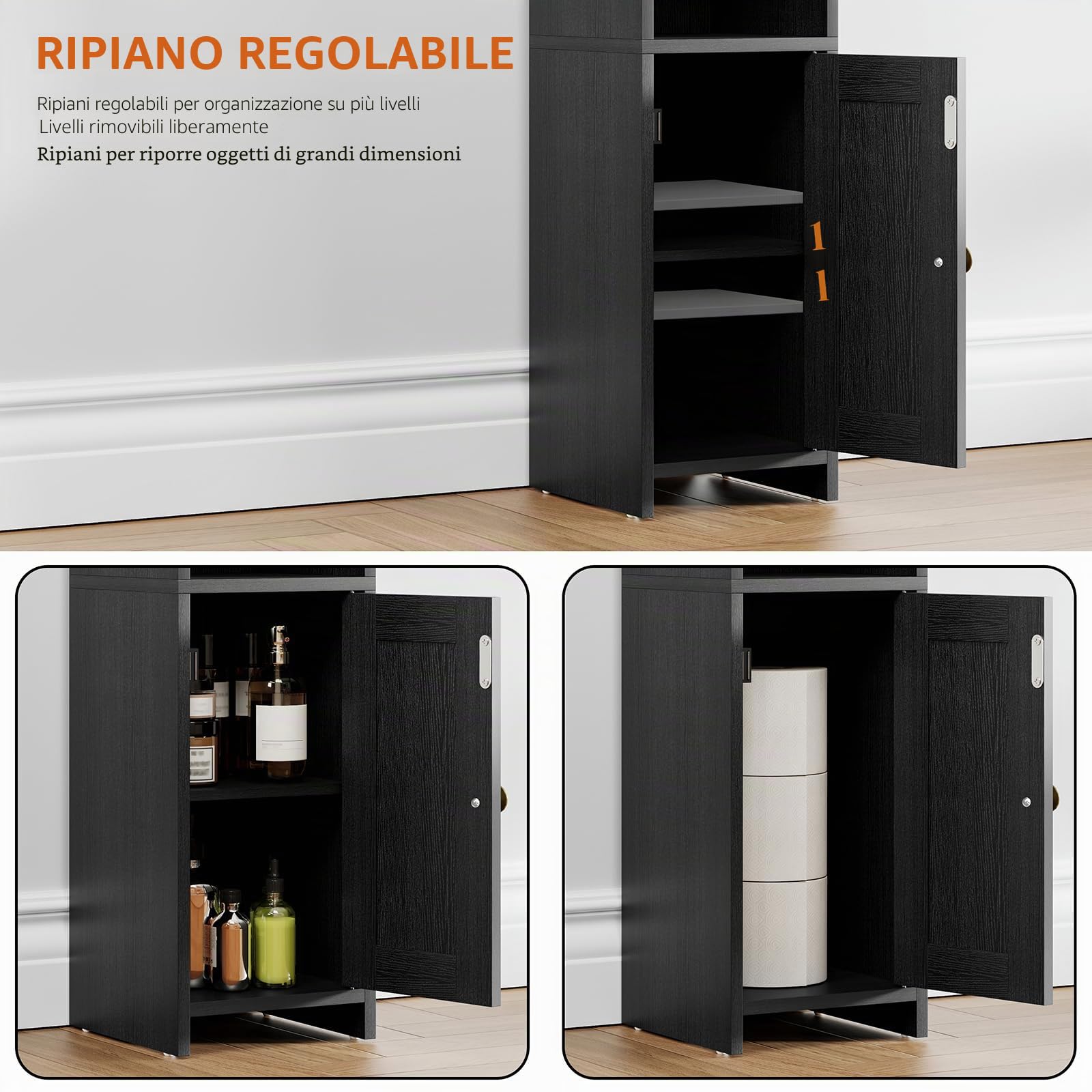 RRX Piccolo armadietto portaoggetti da bagno ad angolo, con anta, colore: nero | Armadietto angolare piccolo con ripiano regolabile, oltre a ripiani stretti per bagni stretti, 20 x 20 x 78 cm