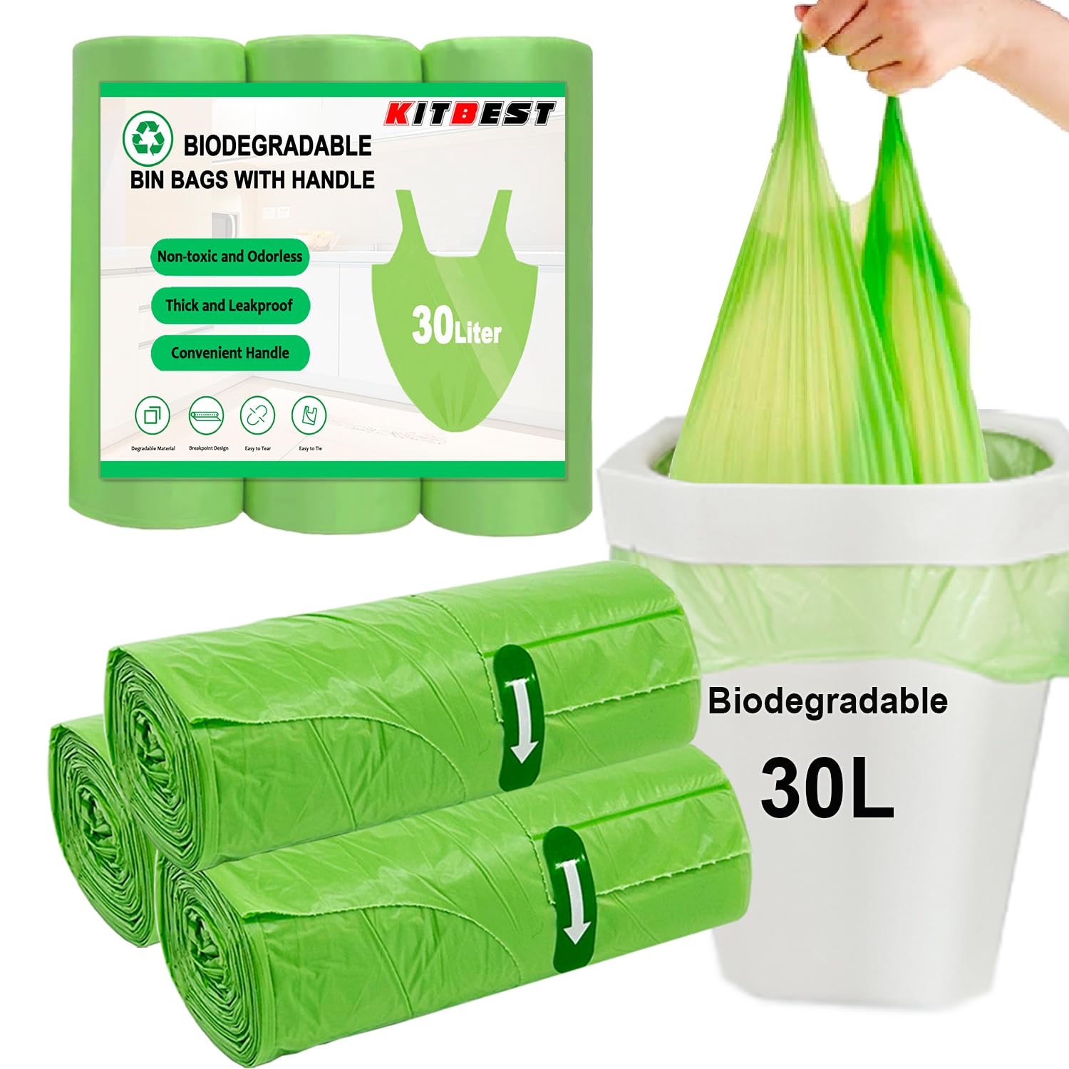 KITBEST biologisch abbaubare Lebensmittelabfallbeutel, starker grüner Müllbeutel für Küche (60 x 75 cm)  
Kompostierbare