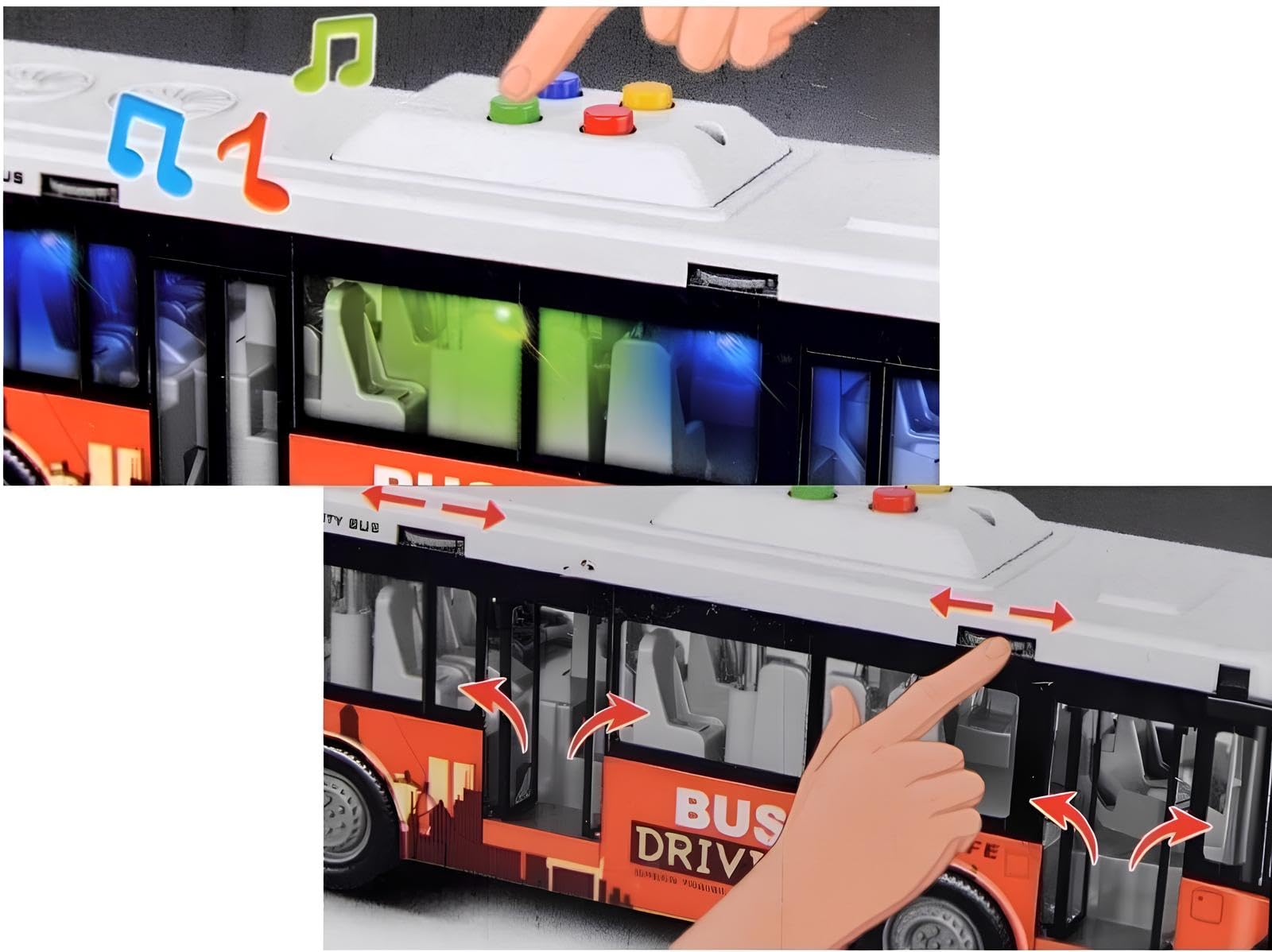 Bus Spielzeug Lichter und Sound Bus groß 28 cm Pullman Spielzeug für Kinder Lichter Geräusche Reibungsbewegung Türen öffnen Schule Buss Multifunktions Maßstab 1:16, verschiedene Farben zufällig