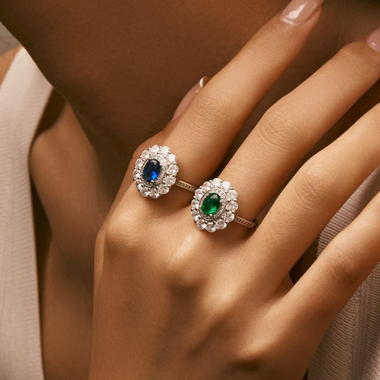 Anillos de boda de oro blanco, anillos para mujer, dedo medio, ovalado, con esmeralda fabricada en laboratorio