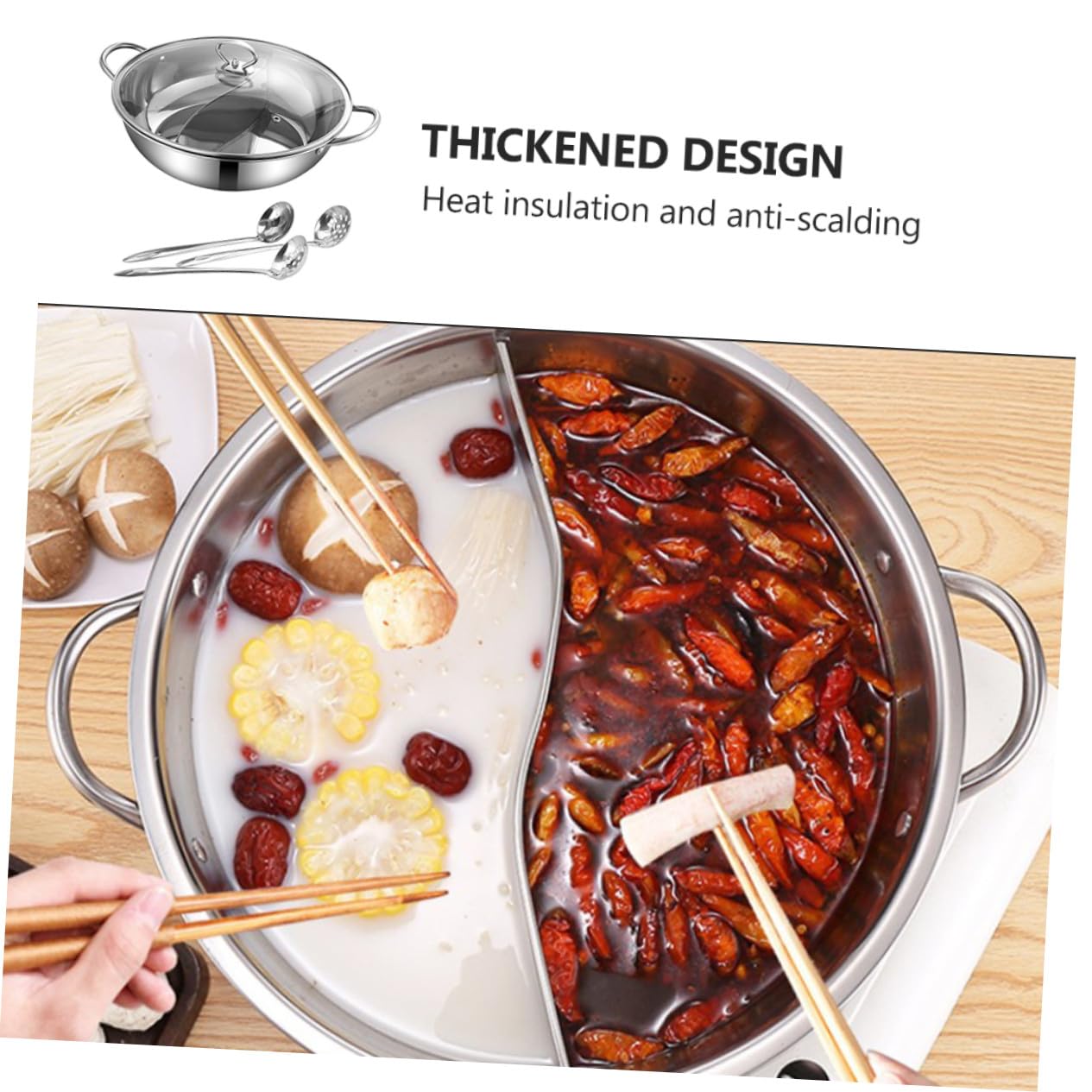 Toyvian Marmite à Fondue Chinoise Inox 32 Cm Double Saveur Avec Passoire En Acier Inoxydable, Compatible Gaz Et Induction, Batterie Cuisine Pour Repas Convivial En Intérieur, Ensemble 4 Pièces