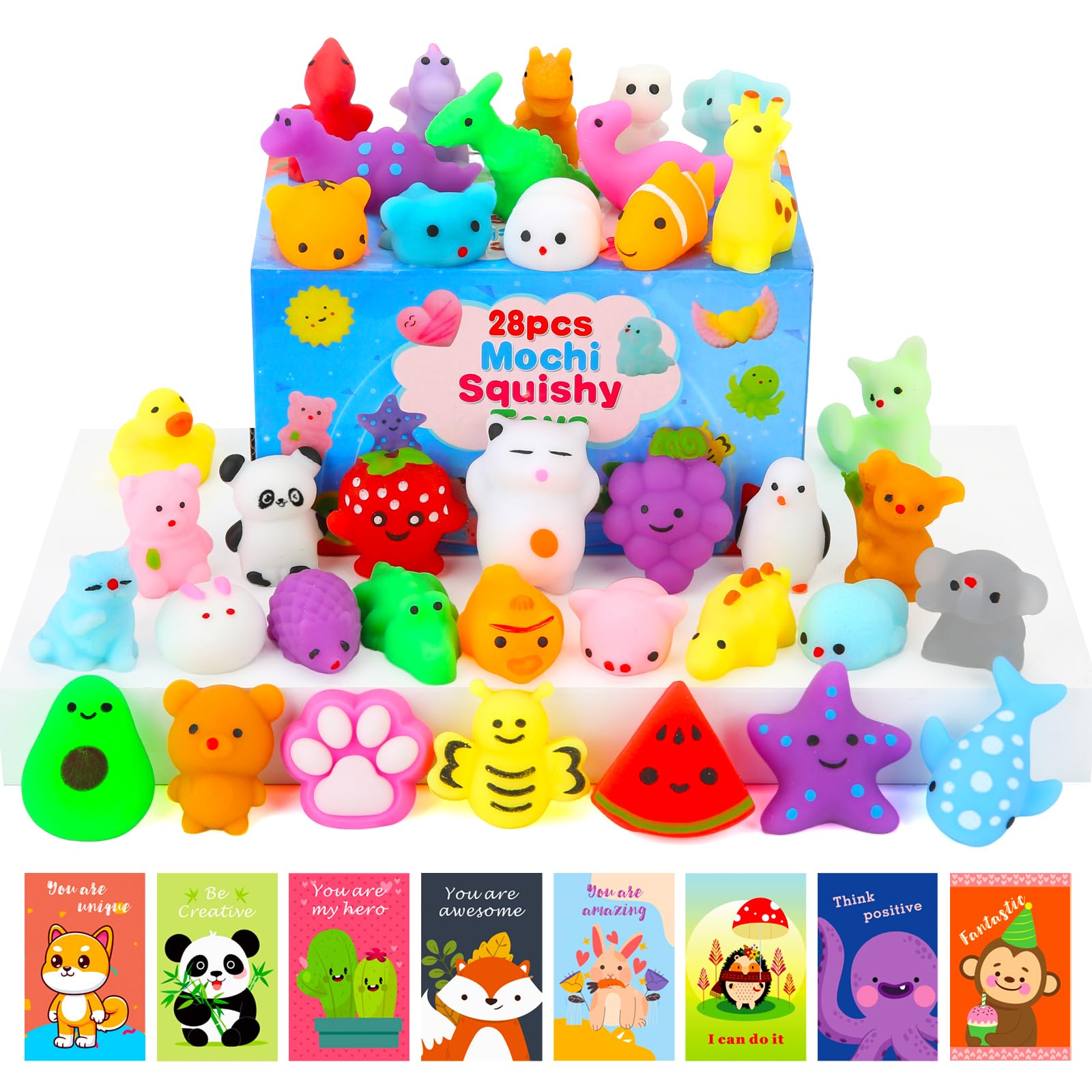Squishy Toys, 28 Pack Squishies and Cards Valentines Day Gifts for kids, Birthday Party Favors 4-8 8-12, Treasure Box Classroom Prizes Mochi Squishy Cat Fidget Toys, Easter Egg Fillers Basket Stuffers
