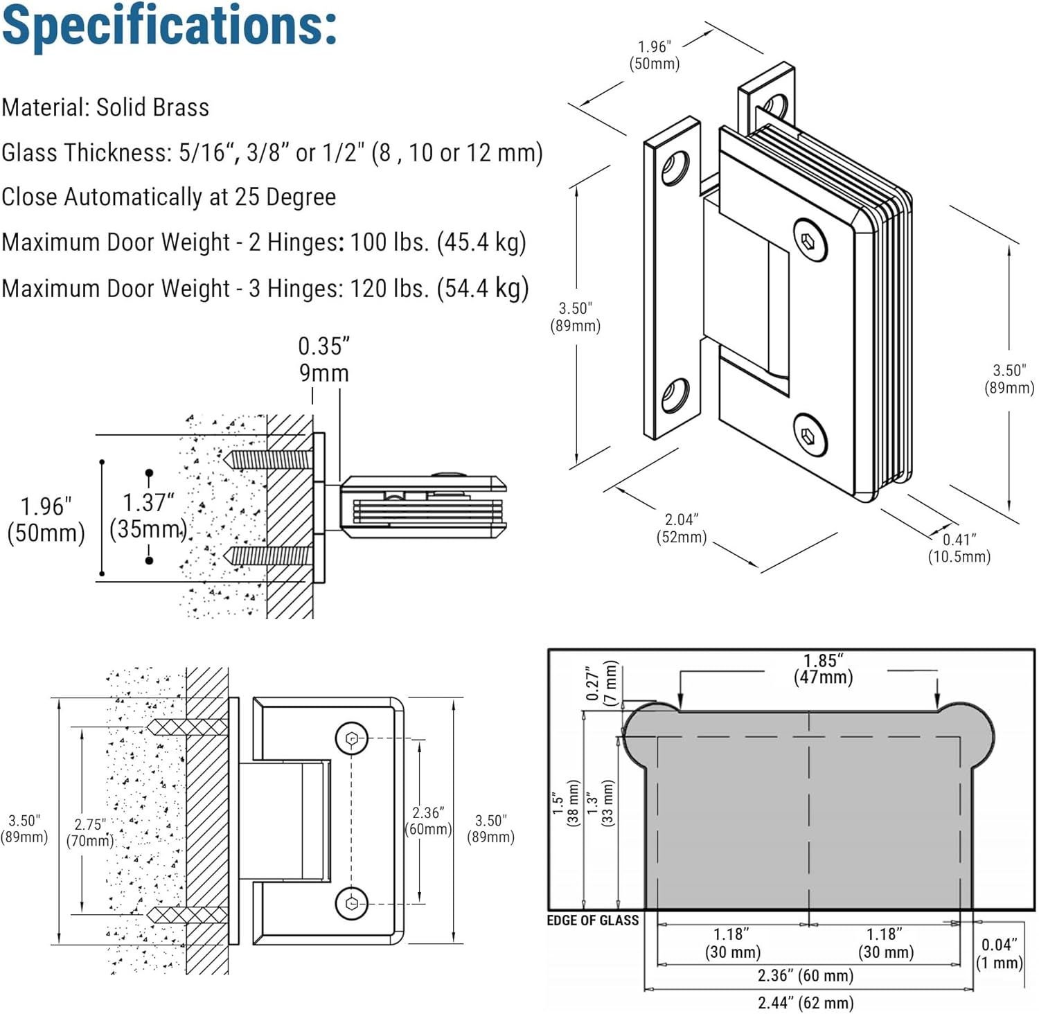 Brass 90 Degree Glass Shower Door Hinges, Heavy Duty Matte Black Glass Door Hinge for Bathroom, 1 PCS Round Brass Shower Door Hinges for 5/16" to 1/2" Frameless Shower Door, H Type