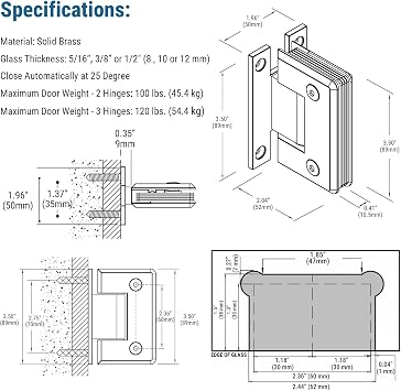 Brass 90 Degree Glass Shower Door Hinges, Heavy Duty Brushed Nickel Glass Door Hinge for Bathroom, 1 PCS Round Brass Shower Door Hinges for 5/16 to 1/2 Frameless Shower Door, H Type