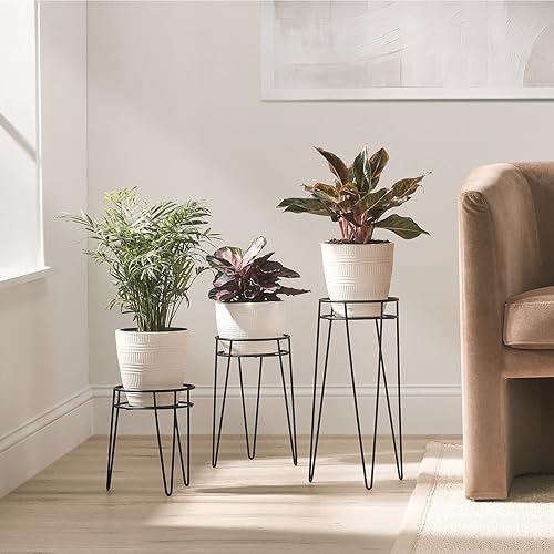 Miniatura 3 de mDesign Soportes de metal para plantas para interiores y exteriores, soporte moderno para plantas con patas de horquilla para flores, plantas,