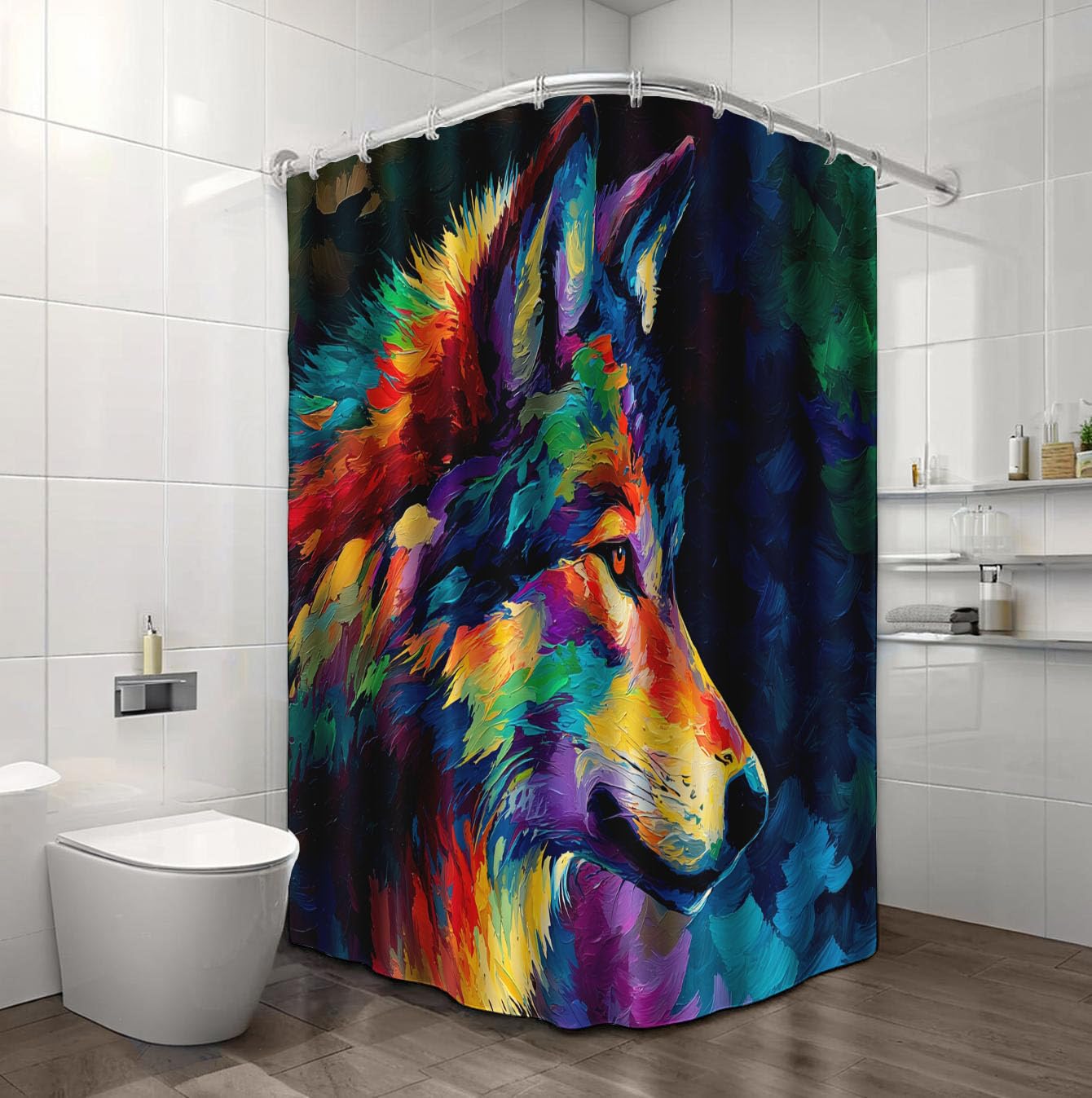 Wasserdichter Duschvorhang Polyester mit Gekritzel Wilder Tiere Abstrakter Wolf, Badewanne Badezimmer Vorhang 240x200cm, Waschbar Einfach zu Reinigen, Dunkelblau Duschvorhänge mit 12 Haken