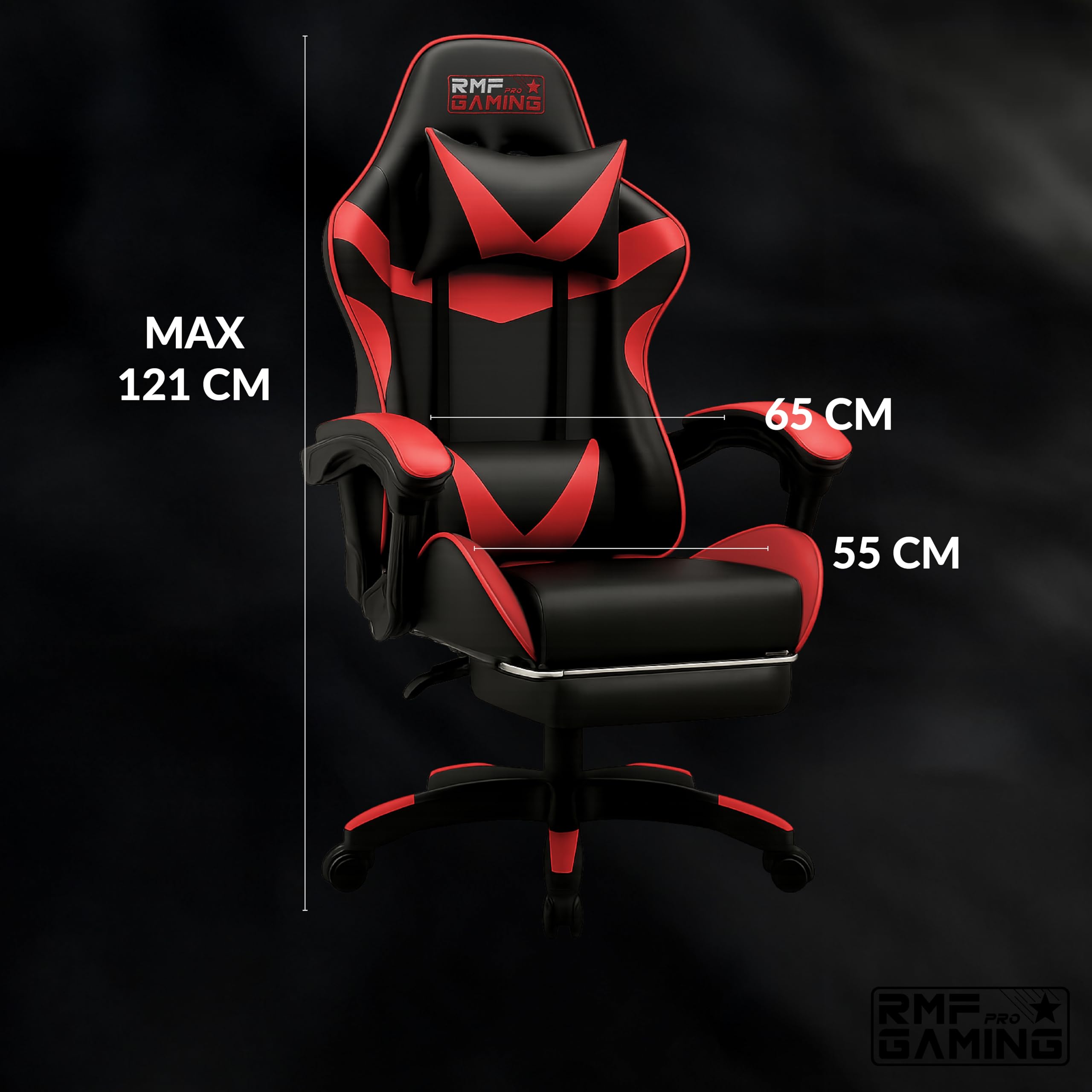 RMF Silla Gaming Profesional Ergonómica Reclinable, Sillón Gaming de Asiento Cómodo y Relajante con Reposapiés - Silla para Gamer con Ruedas Giratorias, Altura Ajustable Rojo/Negro