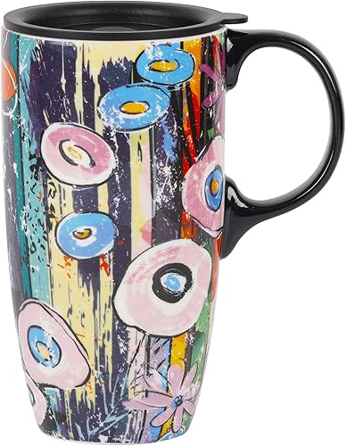 DUSVALLY Taza de café de cerámica con tapa y asa, taza de té de viaje de porcelana para café con leche, capuchino y cacao, Doodle circular para