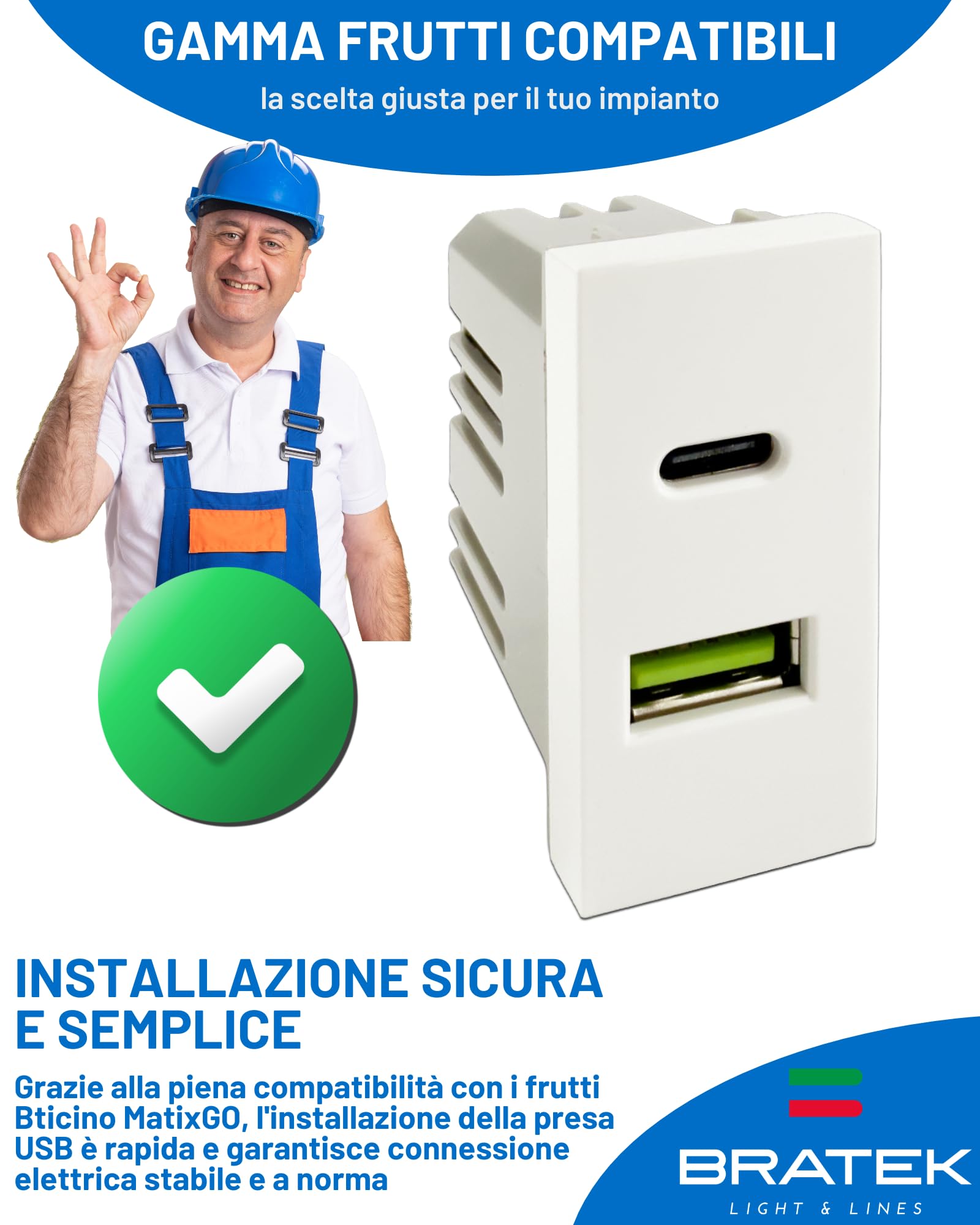 Bratek 2x Toma USB Compatible MatixGO - Doble Puerto USB, Tipo A + Tipo C