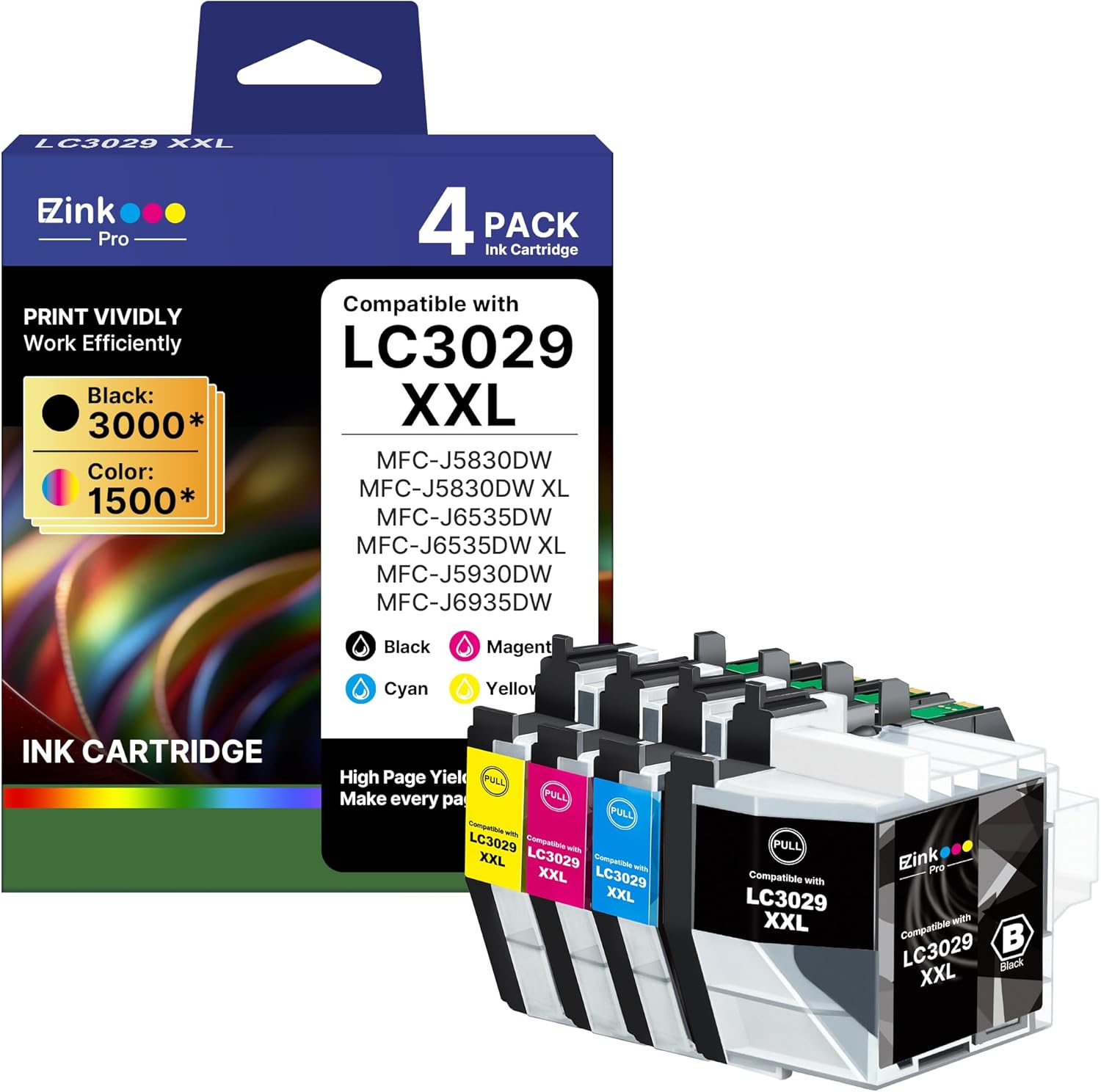 LC3029XXL Super High Yield Compatible Replacement for Brother LC3029 LC3029BK LC3029XXL to use with Brother MFC-J5830DW MFC-J5830DWXL MFC-J5930DW MFC-J6535DW MFC-J6535DWXL MFC-J6935DW (4PACK-BCMY)