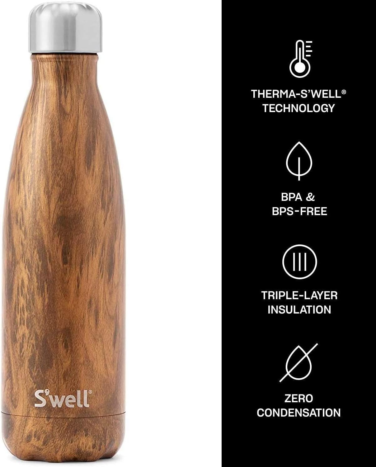 S'well Stainless Steel Water Bottle With Travel Handle - 17 Fl Oz - Teakwood - Triple-Layered Vacuum-Insulated Containers Keeps Drinks Cold for 41 Hours and Hot for 18 - with No Condensation