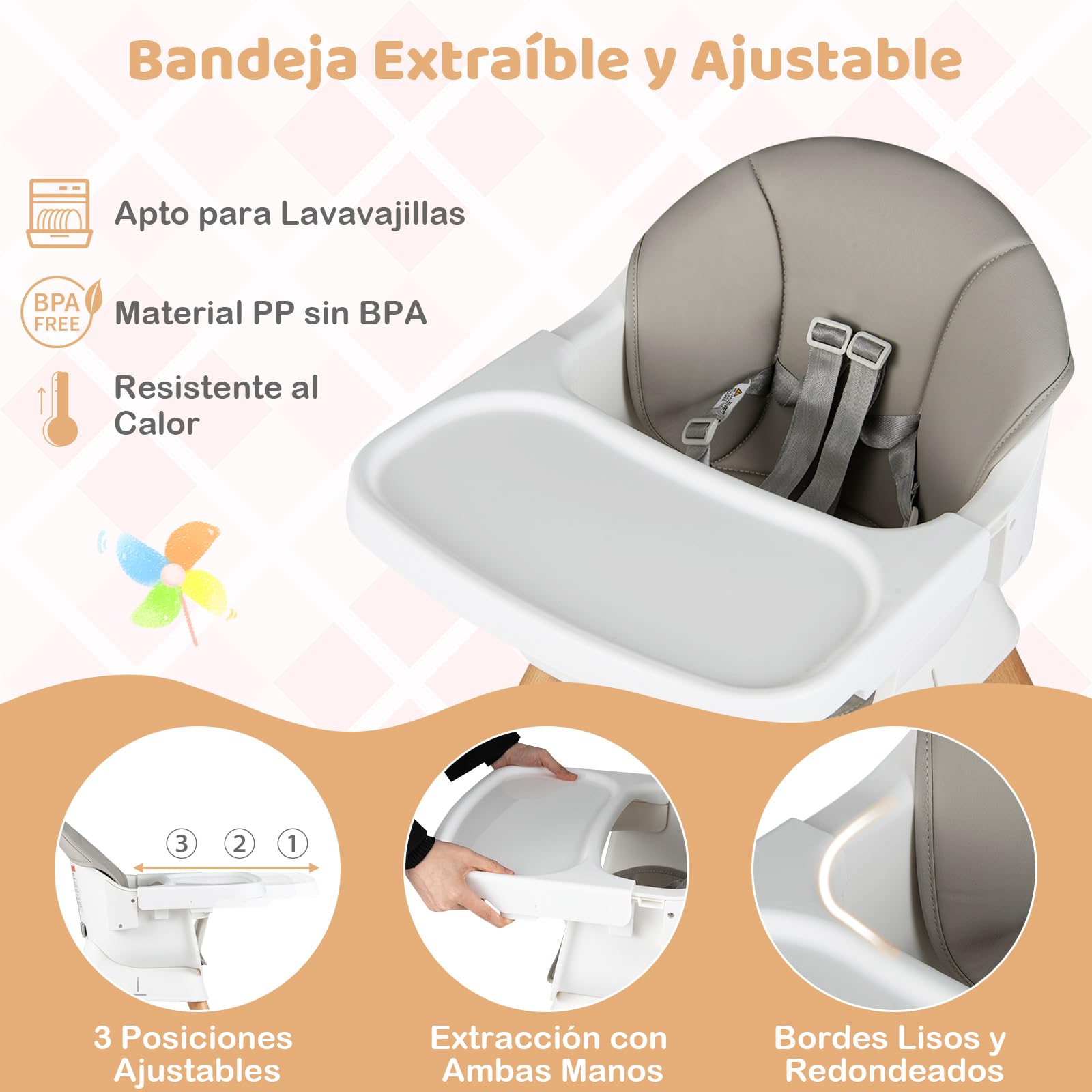 COSTWAY Trona Bebé 9 en 1, Trona Evolutiva con Bandeja Extraíble Apta para Lavavajillas, Patas de Madera, Cinturón de Seguridad de 5 Puntos y Cojín de Asiento, Silla Alta Convertible (Gris Claro)