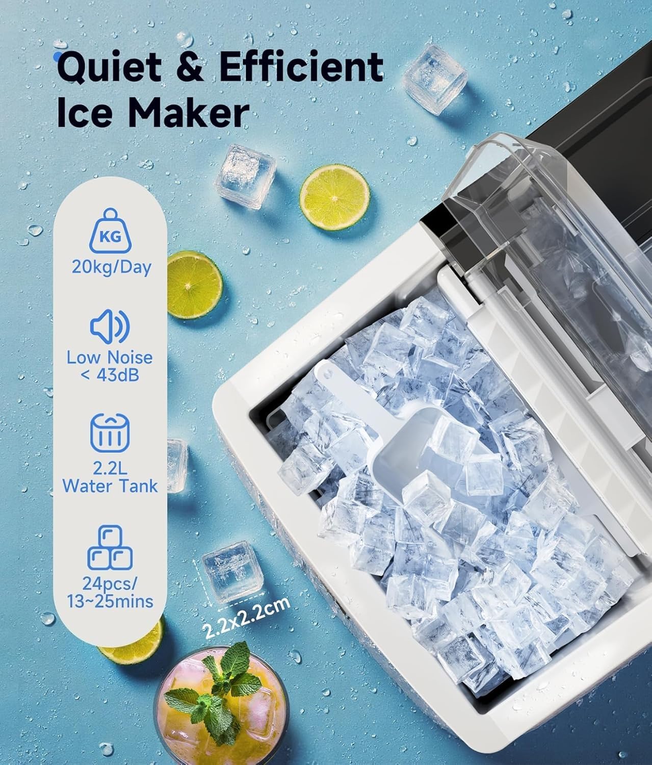 Macchina per il ghiaccio, in acciaio inox, 20 kg/giorno, 24 pezzi, pronta in 13 minuti, macchina per il ghiaccio autopulente, con paletta e cestino, display a LED, timer 24H, portatile, per