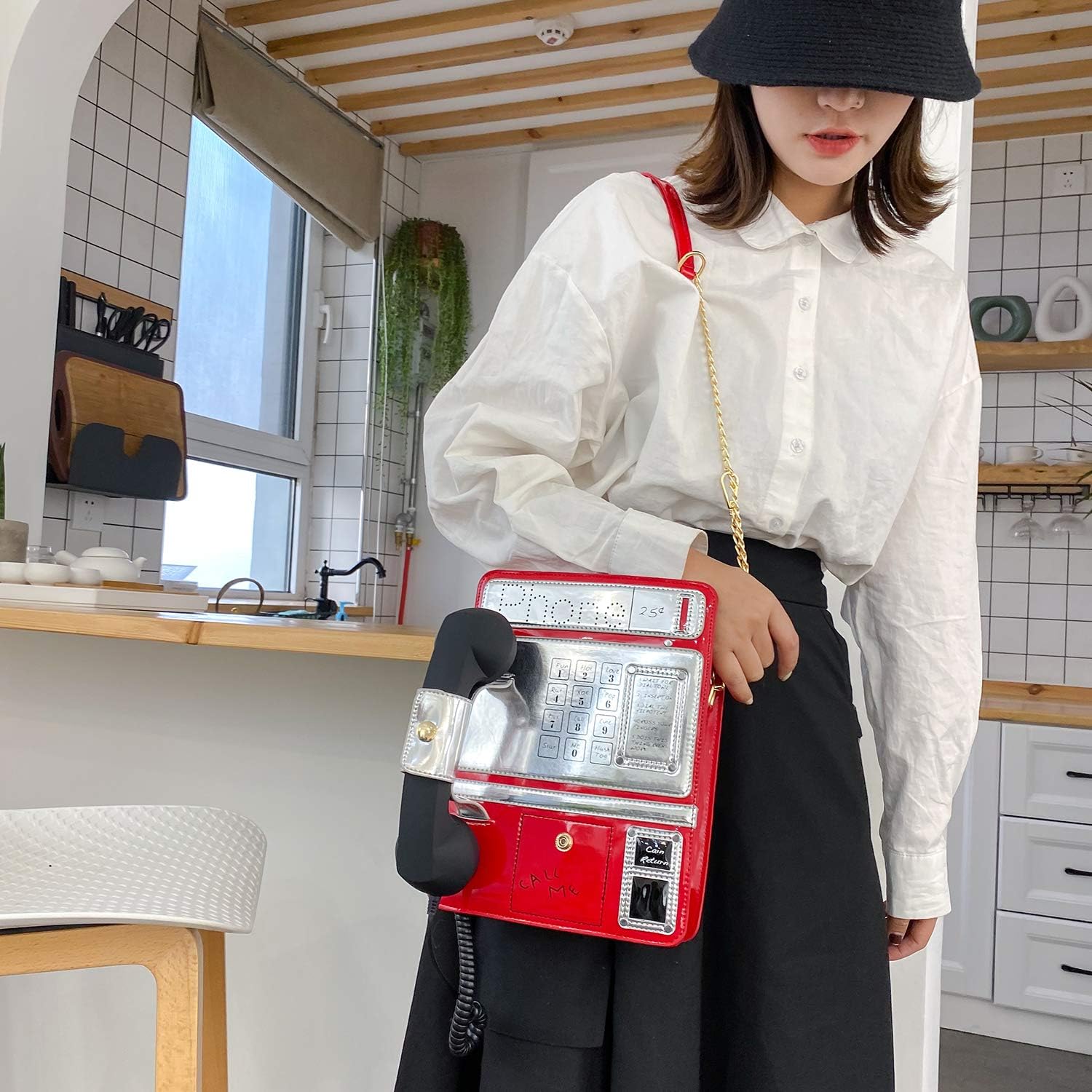 KUANG! Women Reflective Laser Fashion Telephone Shaped Shoulder Bag Ladies Funny Crossbody Bag Chain Purse - Image 2