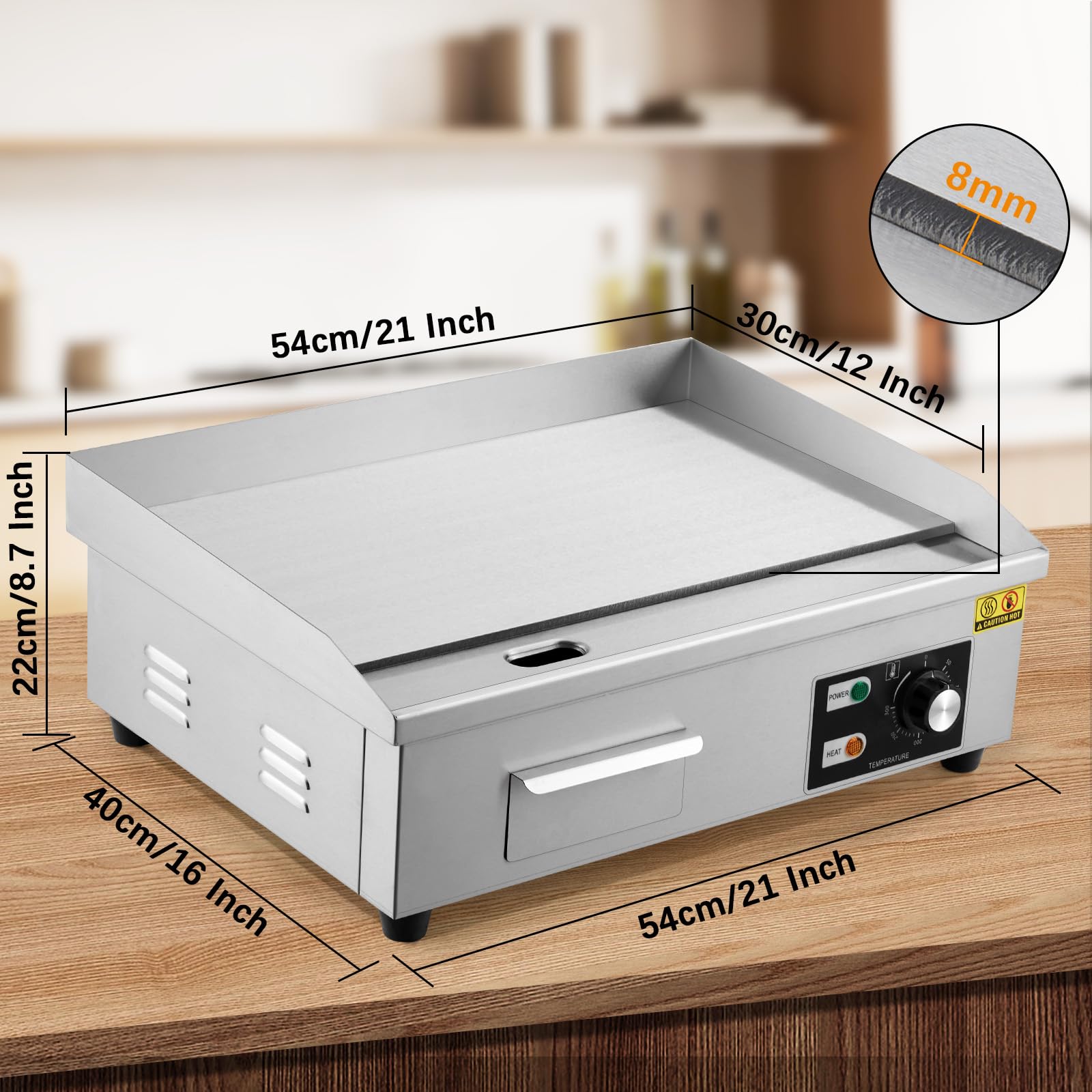 dainslef 21” Commercial Electric Griddle, 1600W Electric Flat Top Griddle Grill With 122-572? Adjustable Temperature Control, Non-Stick Stainless Steel Teppanyaki Grill for Restaurant, Kitchen, Hotel