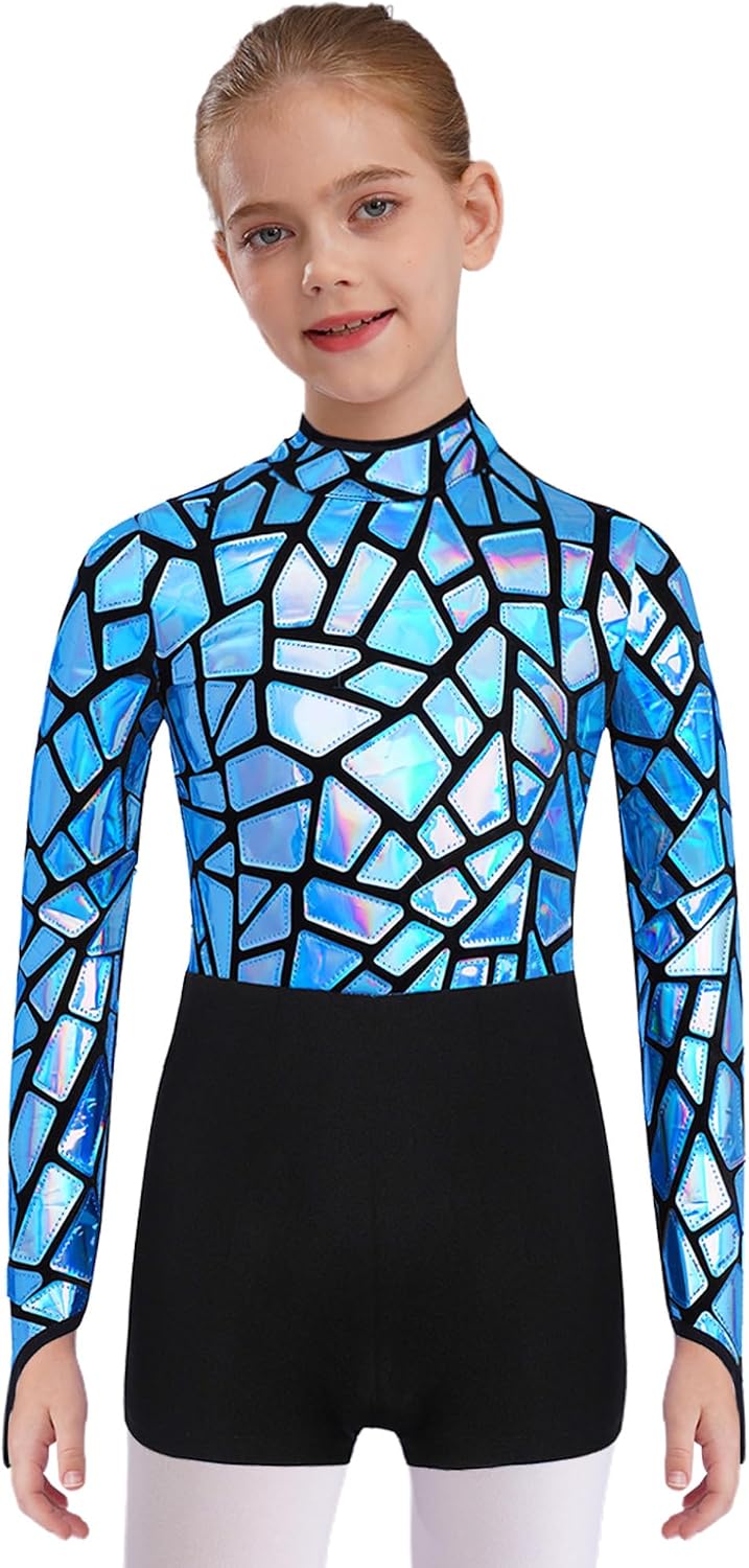 ACSUSS Kids Girls Metallic Gymnastics Leotard Dance Biketard Long Sleeve Unitard Athletic Shorts Jumpsuit