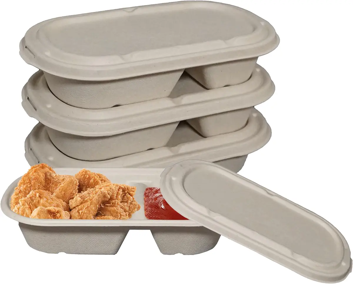 29oz Disposable Bowls with Fiber Lids - 2 Compartment Rectangular Compostable Sugarcane Biodegradable Paper Bowls Eco-Friendly Take Out Food Storage Containers, Microwave Safe, Meal Prep (25 PACK)