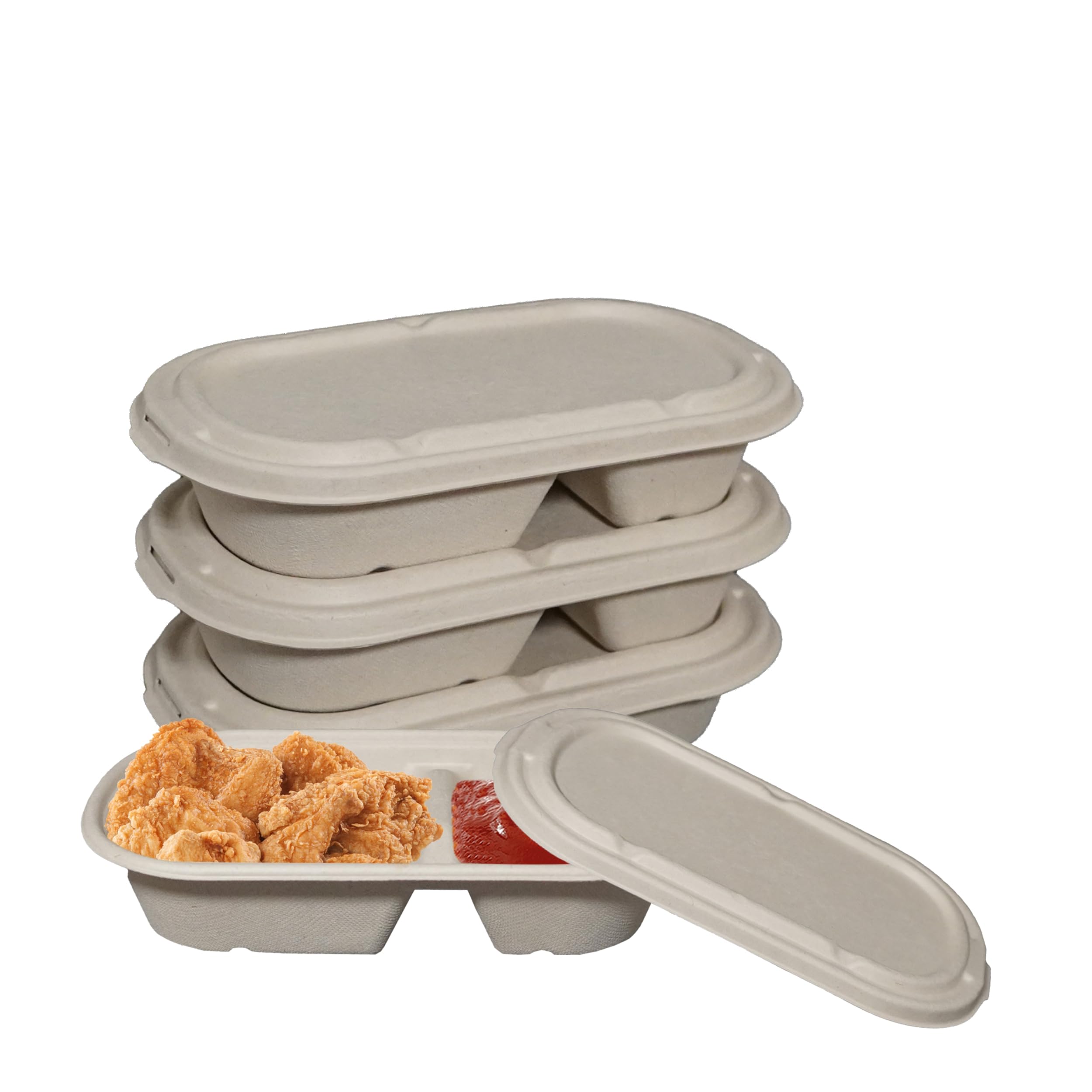 29oz Disposable Bowls with Fiber Lids - 2 Compartment Rectangular Compostable Sugarcane Biodegradable Paper Bowls Eco-Friendly Take Out Food Storage Containers, Microwave Safe, Meal Prep (50 PACK)