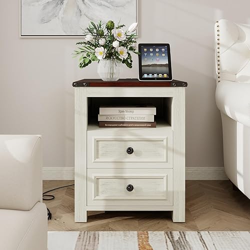 Miniatura 8 de MUUEGM Mesita de noche de granja con estación de carga, mesas auxiliares para sala de estar, mesa auxiliar de 18 pulgadas con cajones y armario de