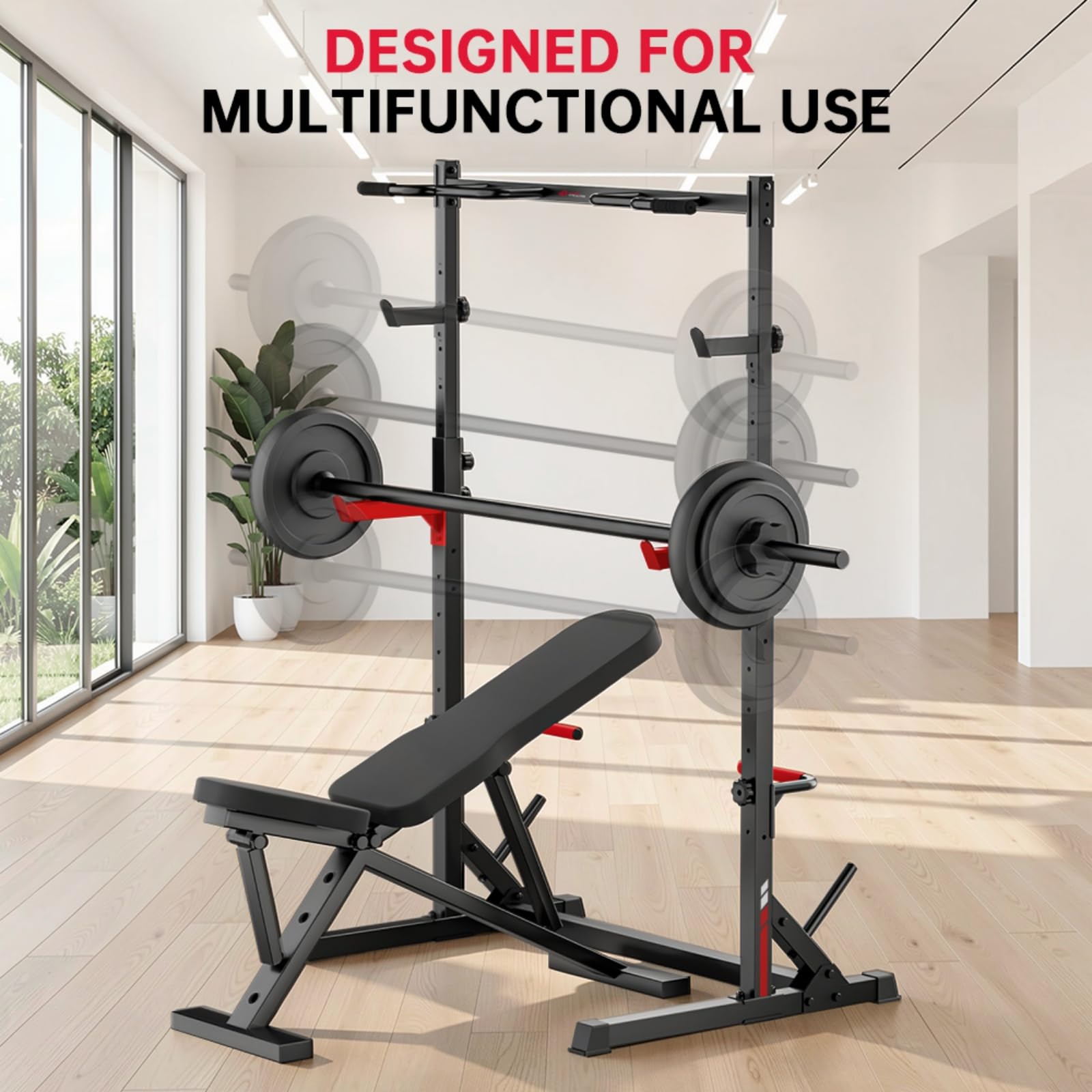 Multifunktionales Kniebeugen-Rack mit Klimmzugstange, voll verstellbare Kraftstation, 300 kg Tragkraft, Krafttraining für zu Hause