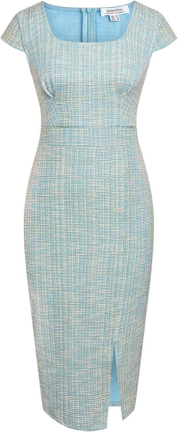 JASAMBAC Women's Vintage Midi Pencil Dress Tweed Cap Sleeve Sheath Dress Square Neck Work Dresses