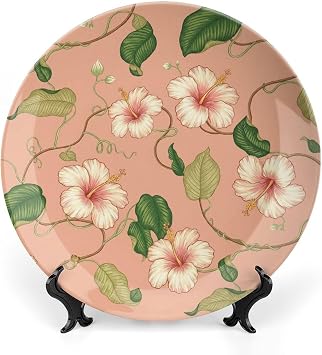 Tropical Floral Coral Pink Plates Ceramic Decor for Club Farmhouse Office Custom Thanksgiving Idea Gifts Wall Decorative Plate with 1 Display Stand, Multi Sizes by Choosing