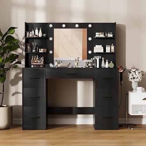 Miniatura 4 de Furmax Vanity Desk with Mirror, LED Lights and Power Outlet Makeup Vanity Table with 7 Drawers and 6 Storage Shelves Dressing Table for Bedroom