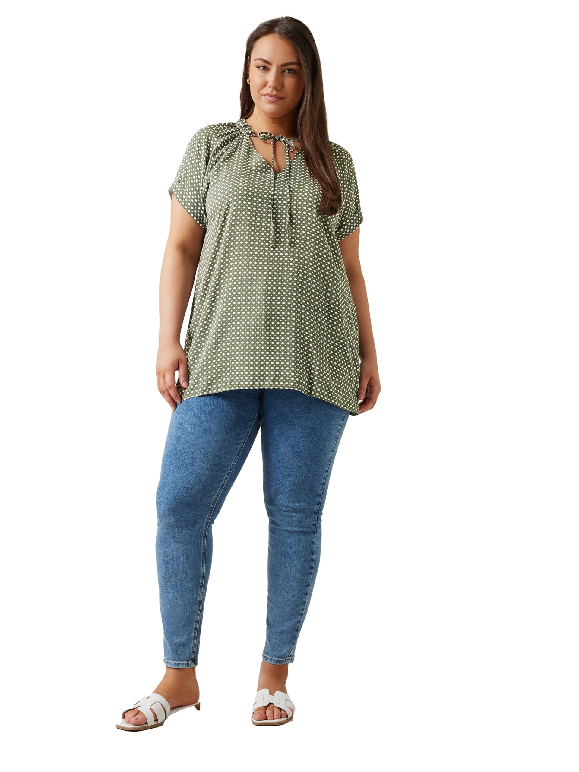 Evans Women's Green Curve Grey Dot Print Tie Neck Blouse - Plus Size Curve