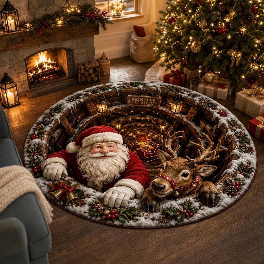 3D Christmas Round Rug, Optical Illusion Christmas Rug Indoor Outdoor Use