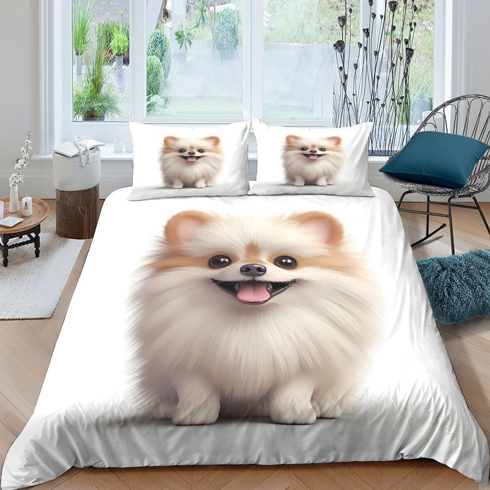 Ctjqhvkz Style-5 3D Printed Fluffy Pomeranian Fitted Sheet Microfiber Soft White Dog Bed Cover For Bedroom Dorm Mattress Protection Decor Single（135X200cm）