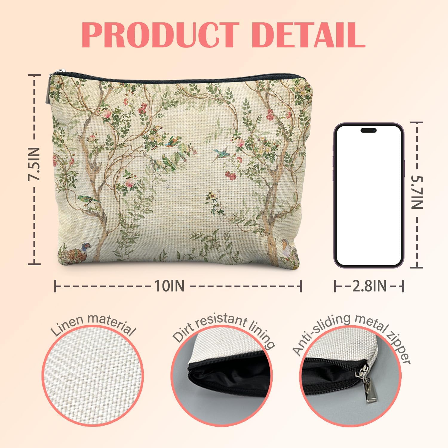 Vintage Chinoiserie Floral Bird Makeup Bag for Women, Retro Spring Flower Cosmetic Bag for Purse, Elegant Botanical Makeup Zipper Pouch - Image 2