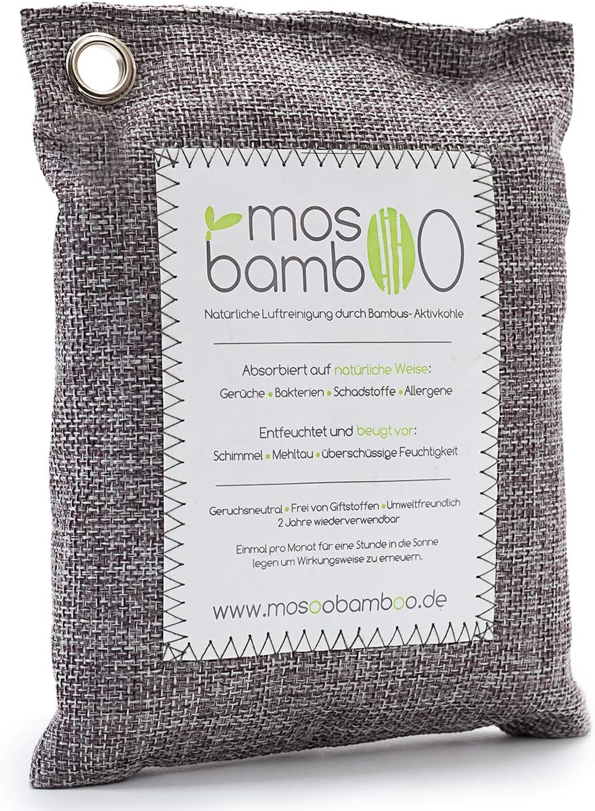 Bamboo air freshener made of activated charcoal, natural room freshener & dehumidifier, odour neutraliser & air purifier. Bag for car, kitchen, bathroom, bedroom, wardrobe, refrigerator. Anti-odour without using fragrance or chemicals. Biological odour killer & odour remover. Alternative to room fragrance, granulate or ozone cleaner. Inhibits mould spores & fungi., Fabric, Stone Gray, cleanAir 500g Grande