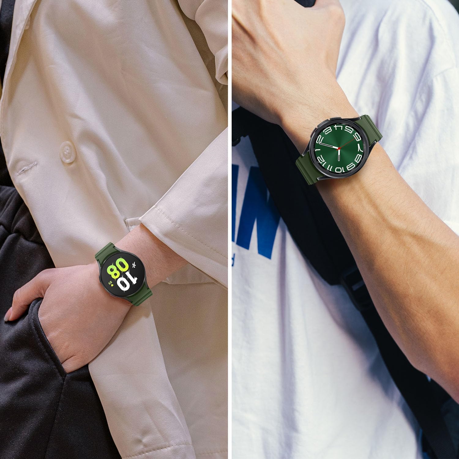 HITZEE Compatible with Samsung Galaxy Watch 7/FE/6 Strap 40mm 44mm/Watch 6 Classic 43mm 47mm/Watch 5/Watch 4, 20mm Silicone Magnetic Sports Band for Galaxy Watch 4 Classic/Watch 5 Pro, Green Black,