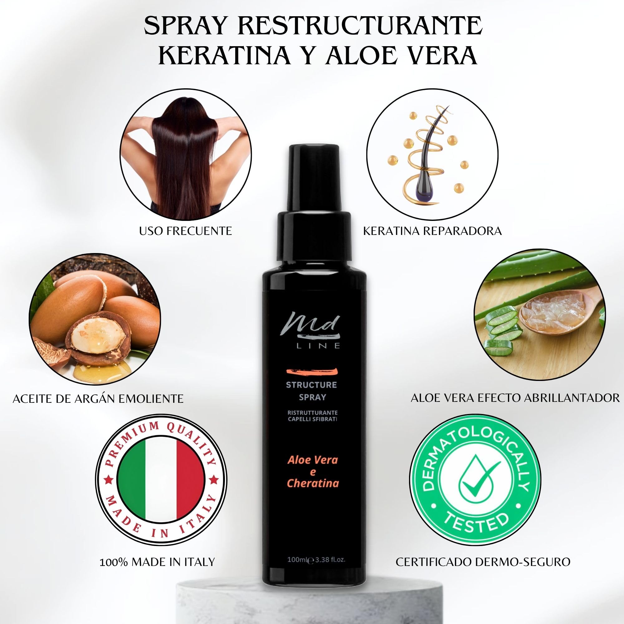 Acondicionador Sin Aclarado Spray Tratamiento Desenredante para Cabello Dañado con Queratina Reparadora Antiencrespamiento con Argán y Aloe Efecto Alisante, Brillante y Nutritivo