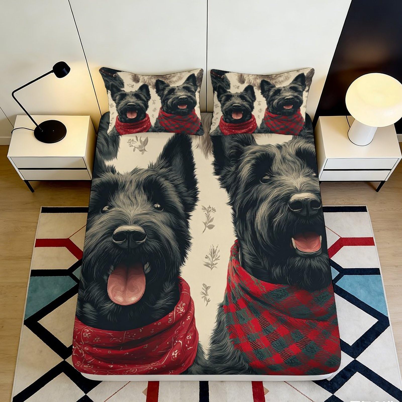 Jqzkxnhpbr Style-2 3D Printed Black Scottish Terrier Dog Fitted Sheet Microfiber Soft Bed Cover With Red Plaid Bandana For Bedroom Dorm Decor 90X200x25cm
