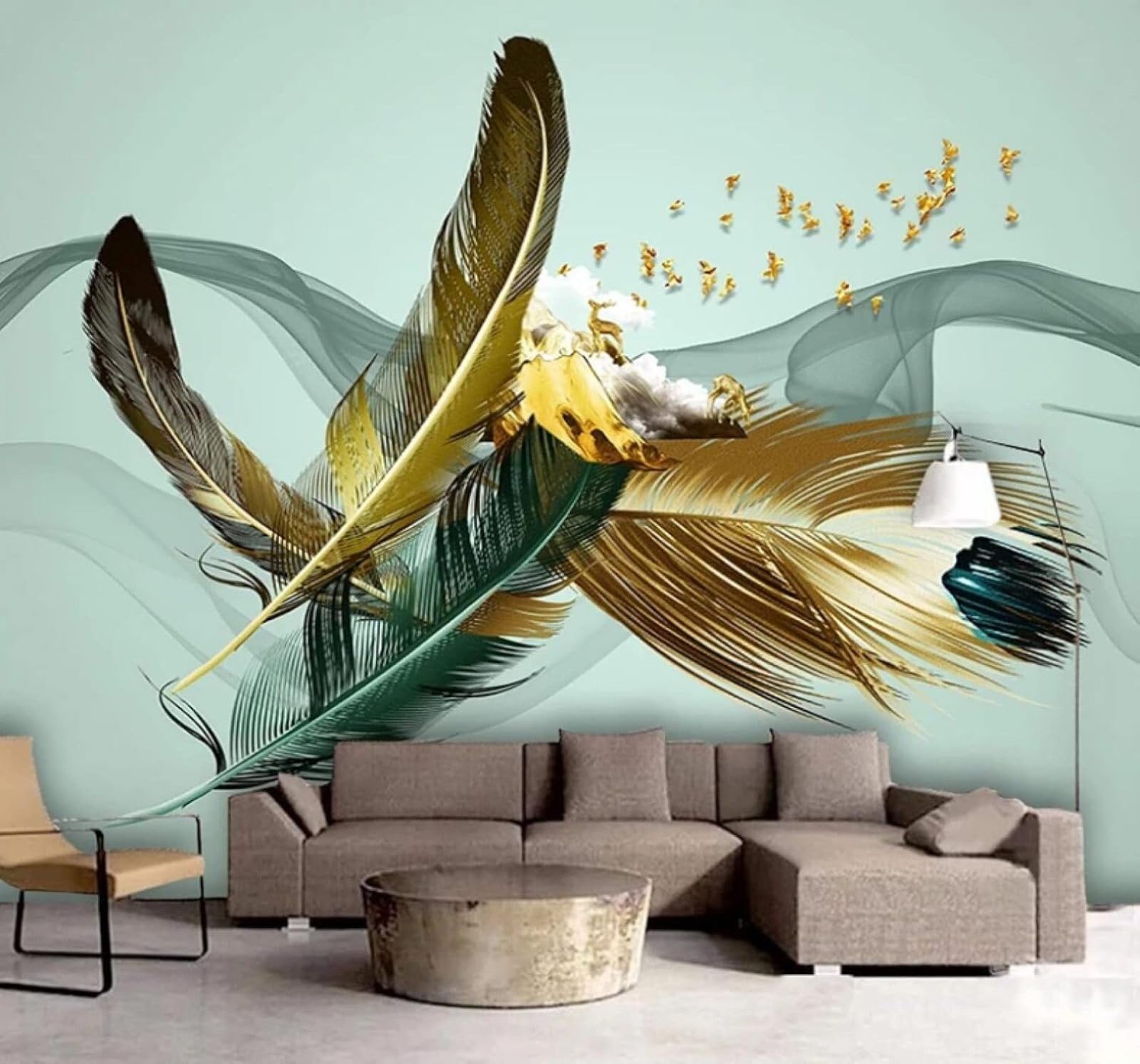 XLMING Abstract Gold Feathers Birds Elk 3D Wallpaper Luxury Silk Study Dining Feature Sofa Grey Bedroom Living Room Tv Decorative Wall-250cm×170cm