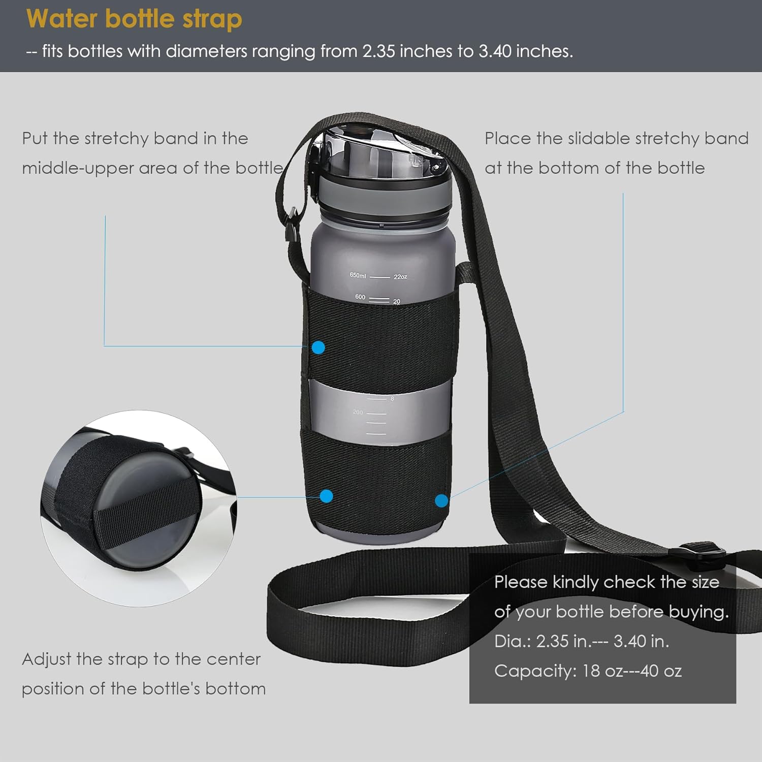 Universal Water Bottle Carrier Sling with Adjustable Shoulder Strap for Walking Short Hiking, Water Bottle Holder for 16-64 oz Wide Mouth Bottles (Exclude Water Bottle) - Image 6