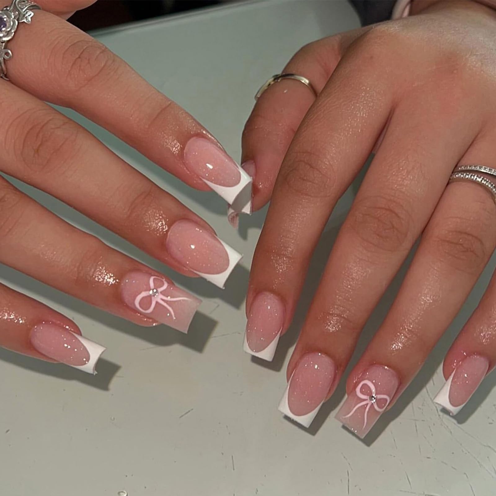 Jremg French Tip Press on Nails Short Square Fake Nails with Cute Bow Designs Nude Pink Rhinestones Acrylic Nails Glossy White French Nail Tip Glue on