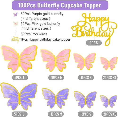 Miniatura 4 de 100 piezas de decoraciones de mariposa para pasteles, decoraciones para cupcakes, decoraciones para pasteles, decoraciones para pasteles, decoración