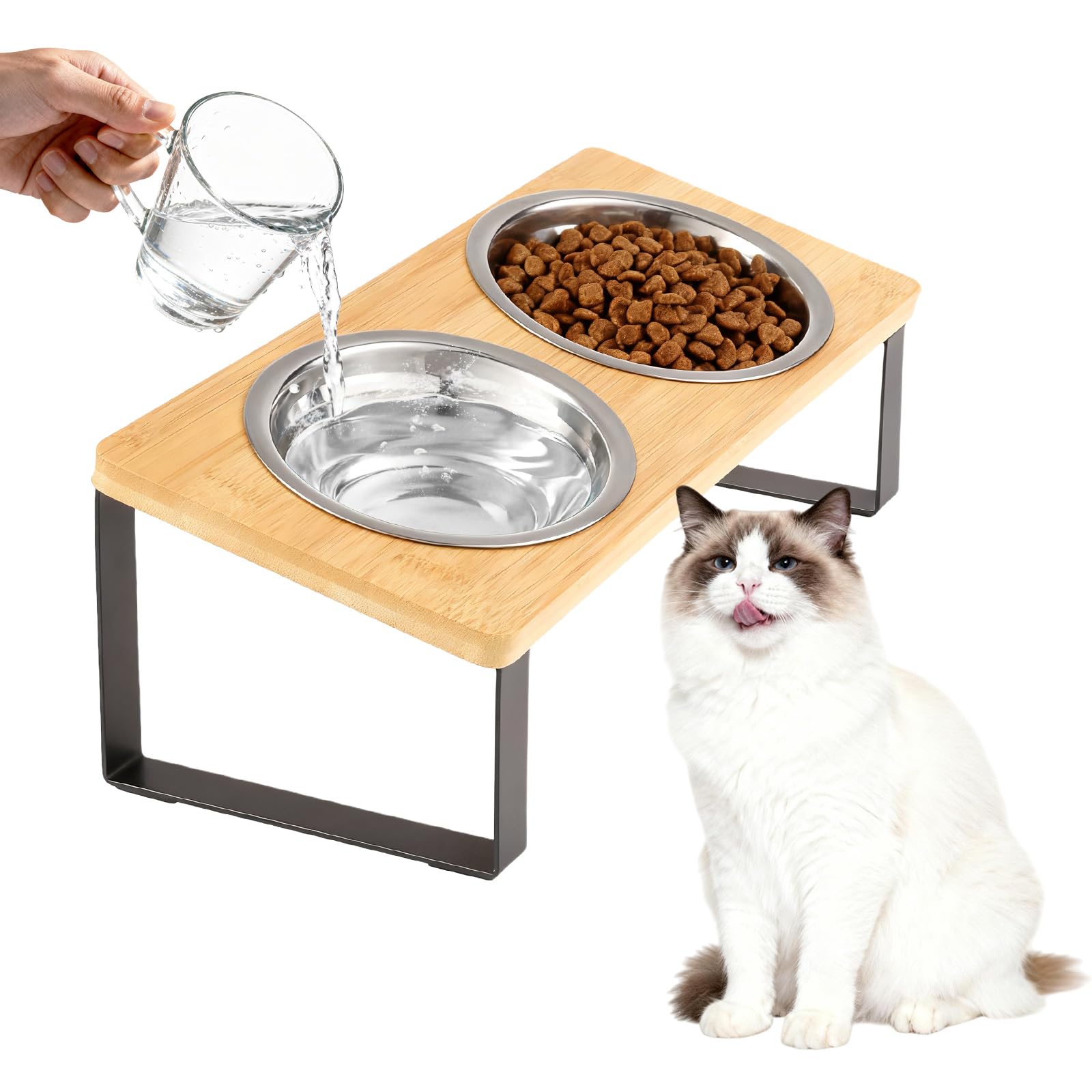 Elevated Cat Bowls with Stand Tilted, Stainless Small Dog&Cats Food Water Bowl, 15° Tilted Protect Pet's Spine, Anti Vomiting Non-Slip Rubber Base