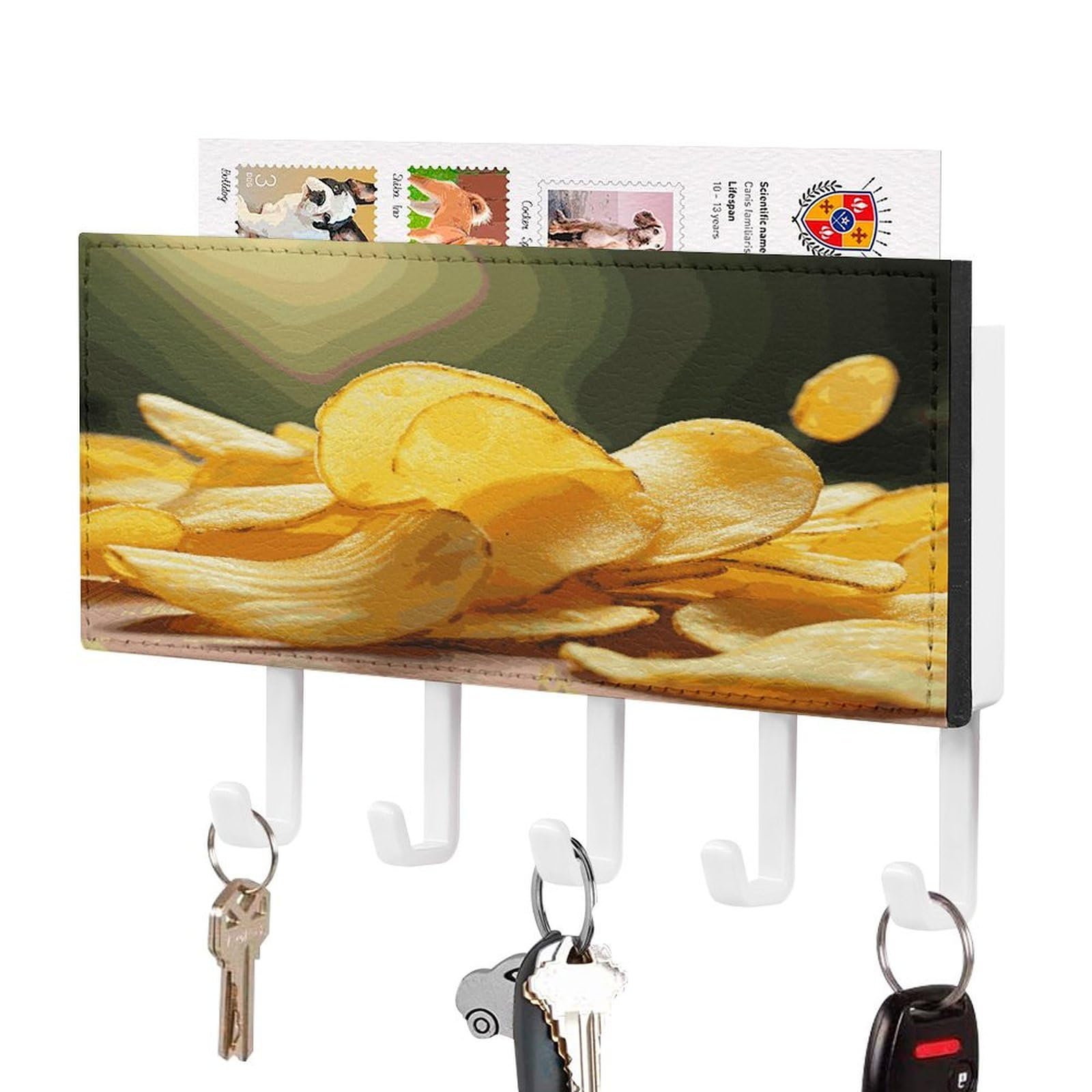 Fekiloot White-Style Potato Chips Key Holder Wall Mount Decorative Key And Mail Holder With 5 Hooks Key Hanger Organizer Pu Key Rack Decorative Home Decor For Wall Living Room Entryway Office