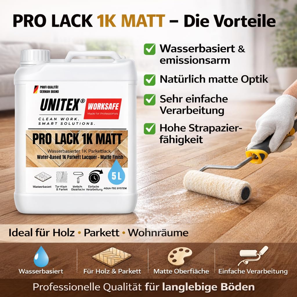 Unitex Barniz de parquet mate a base de agua, 5 l – 1 K, barniz para madera para parqué y suelos de madera, resistente, secado rápido Pro barniz K1