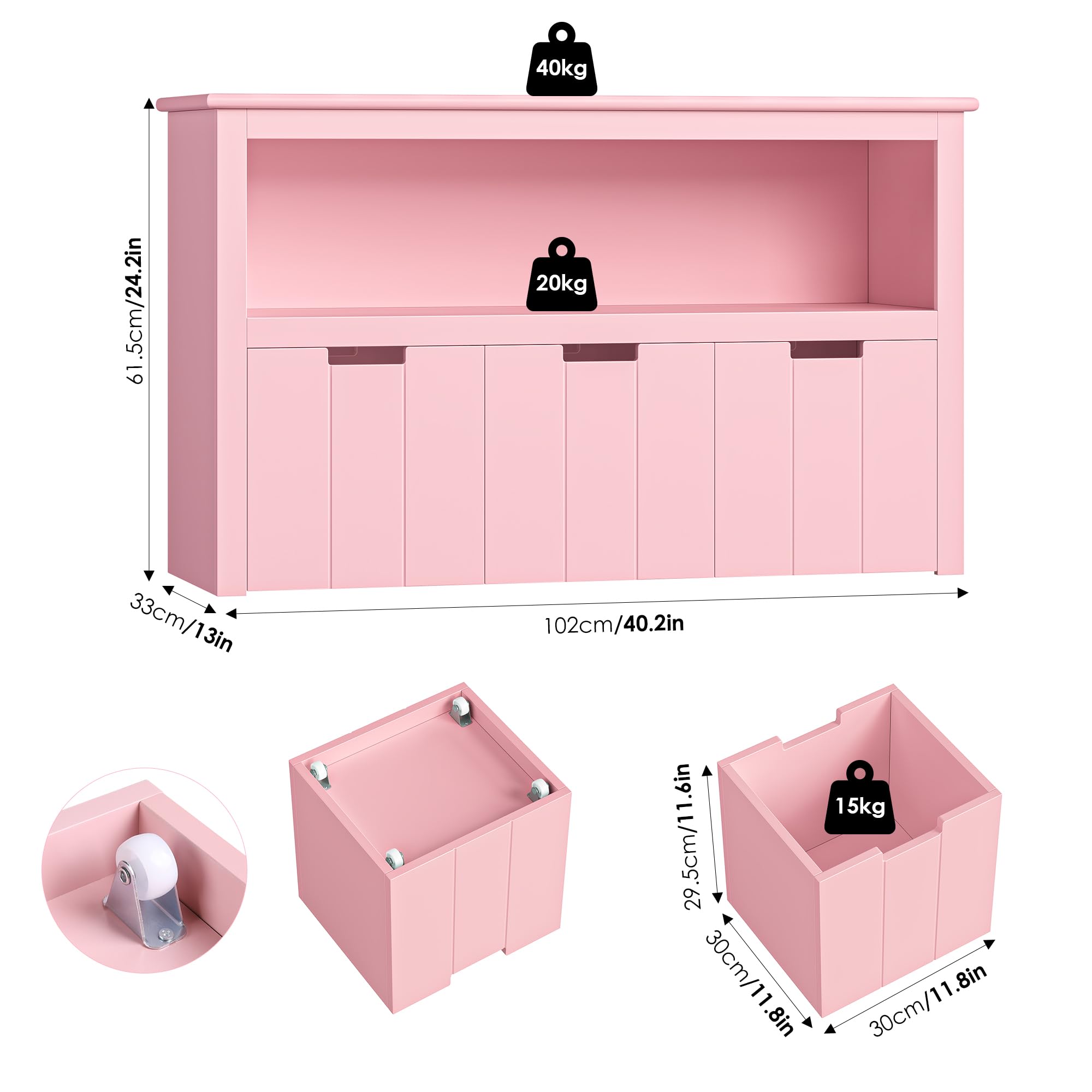 FOREHILL Kinderregal mit Boxen auf Rollen, Spielzeug Aufbewahrung Kinderzimmer Möbel, Spielzeugregal, Kinderschrank, Regal mit 3 Boxen, Truhen & Kisten für Kinder 102 x 33 x 61,5cm Rosa