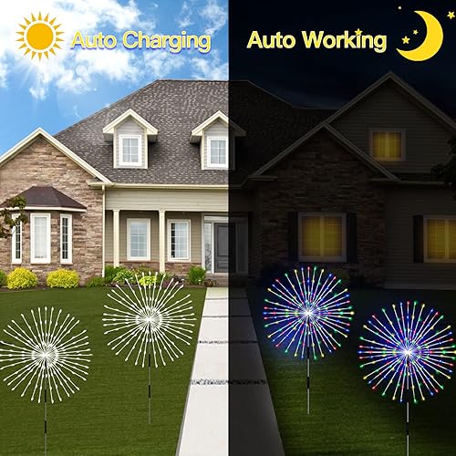 Miniatura 4 de Luces solares de jardín decorativas al aire libre, paquete de 4 120 luces LED solares decorativas, impermeables, 8 modos de brillo, luz de fuegos