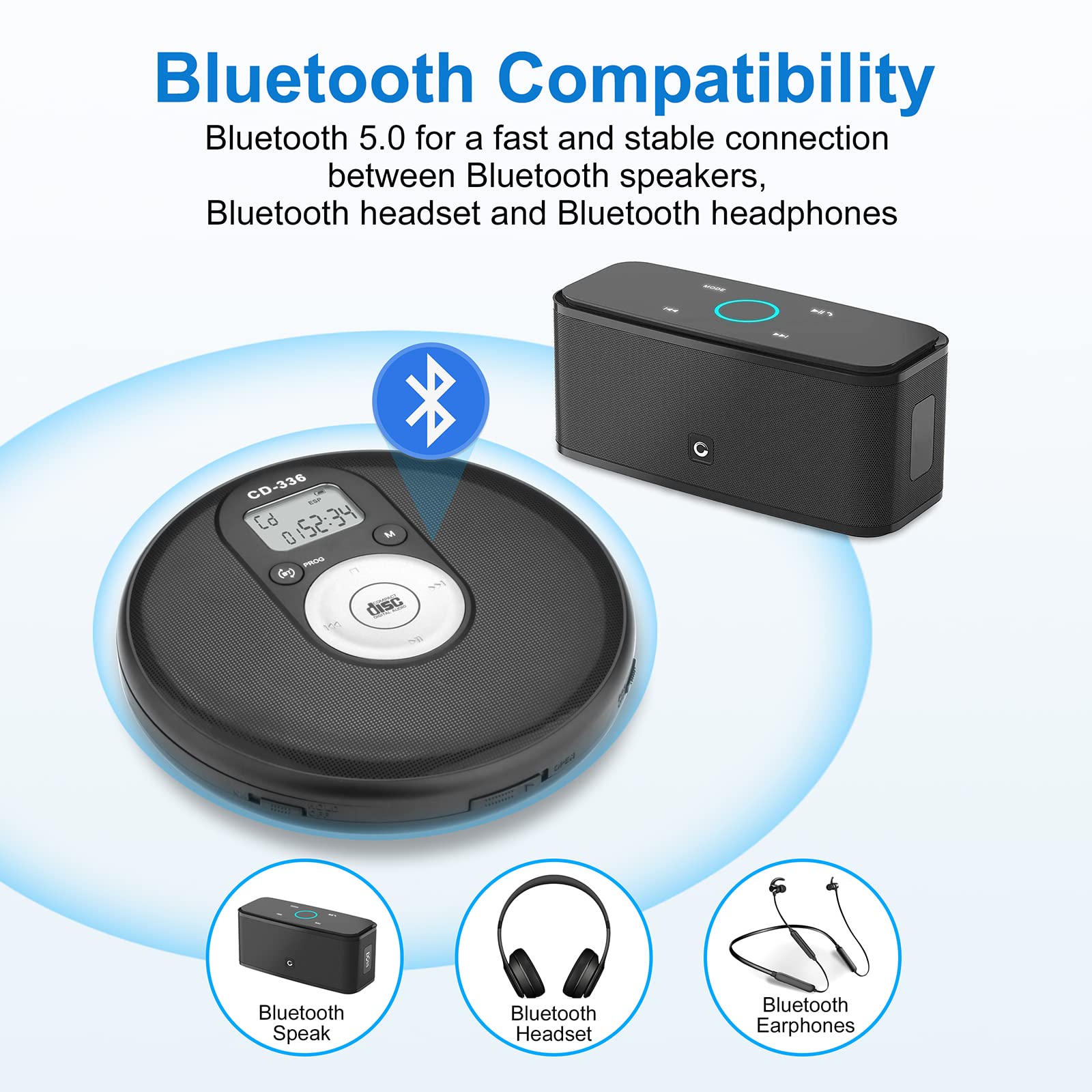 Portable Bluetooth CD Player, Compact Lightweight Music CD Disc Player