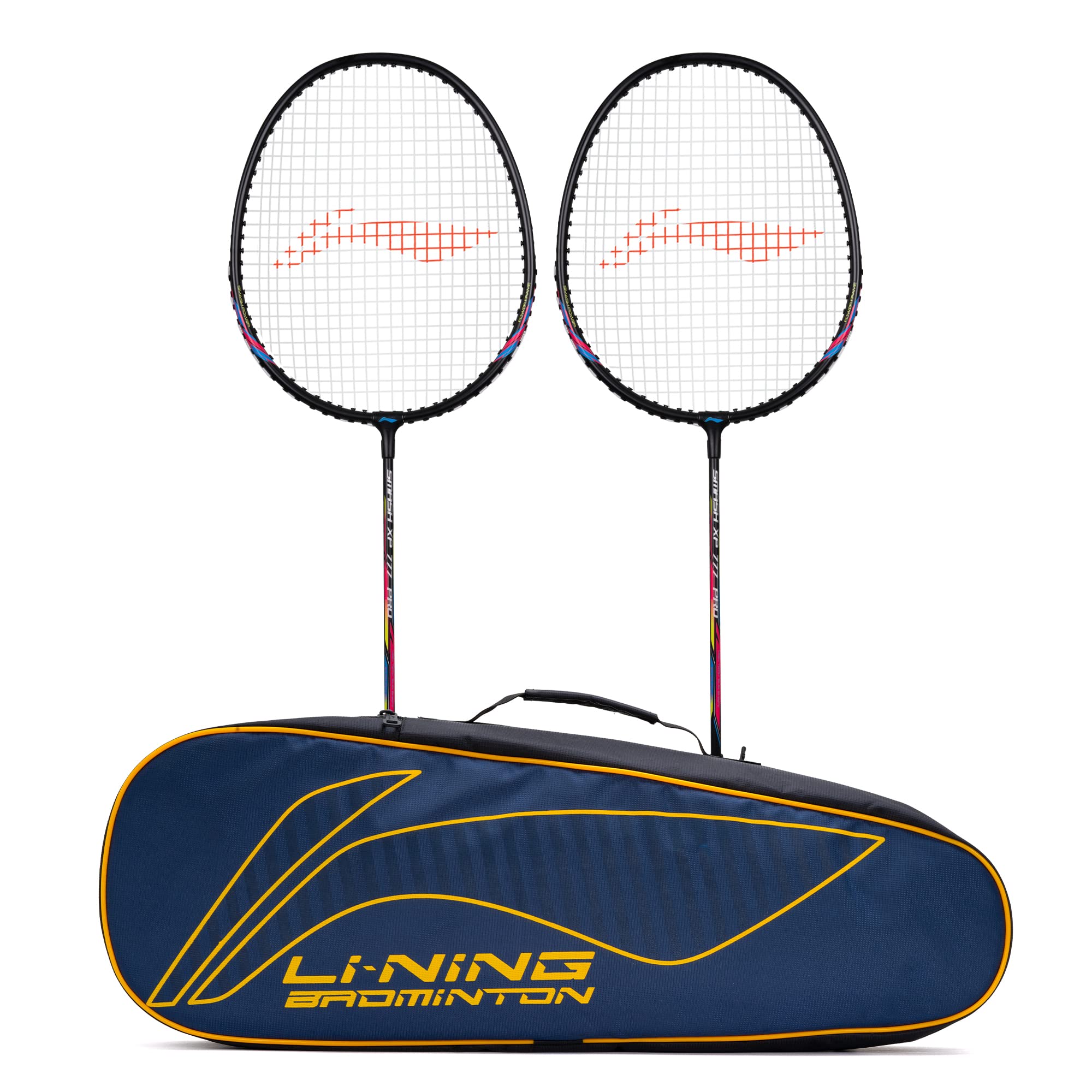 Li-Ning XP 777 Pro Strung Badminton Racket (2xrackets + 1 Kit Bag, Black/Pink/Blue), Aluminium