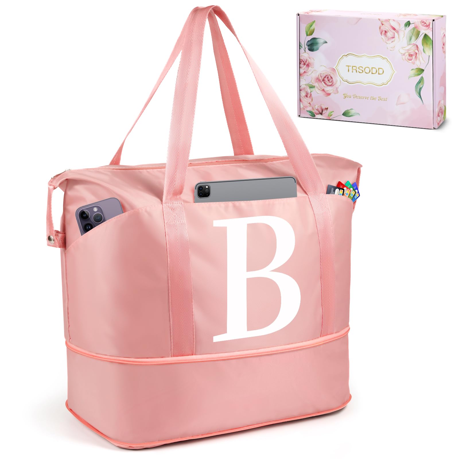 Ini-tial Pink Duffle Bag for Women - Expandable Travel Bag with Trolley Sleeve, Perfect for Christmas, Birthday Gifts